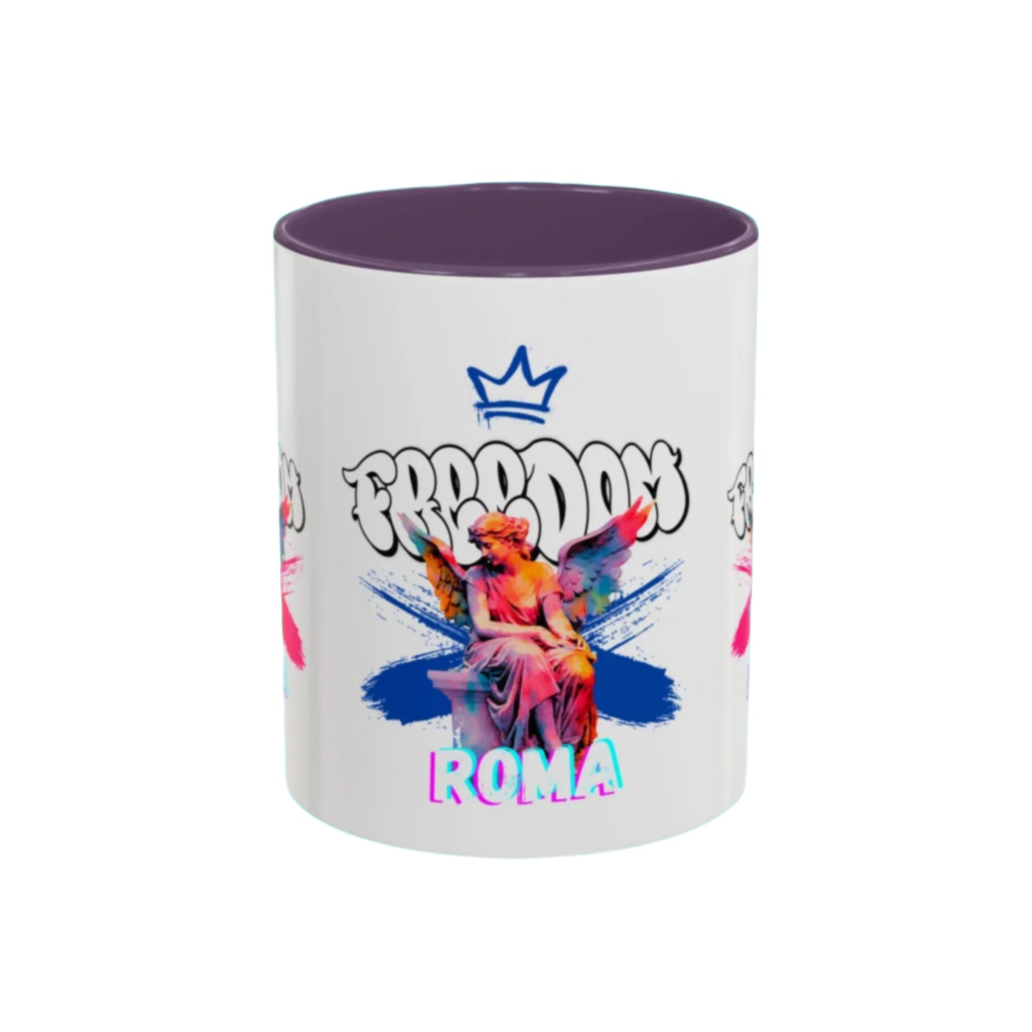 Sleek white mug with green handle and rim, decorated with pink crowned angel and subtle ROMA text