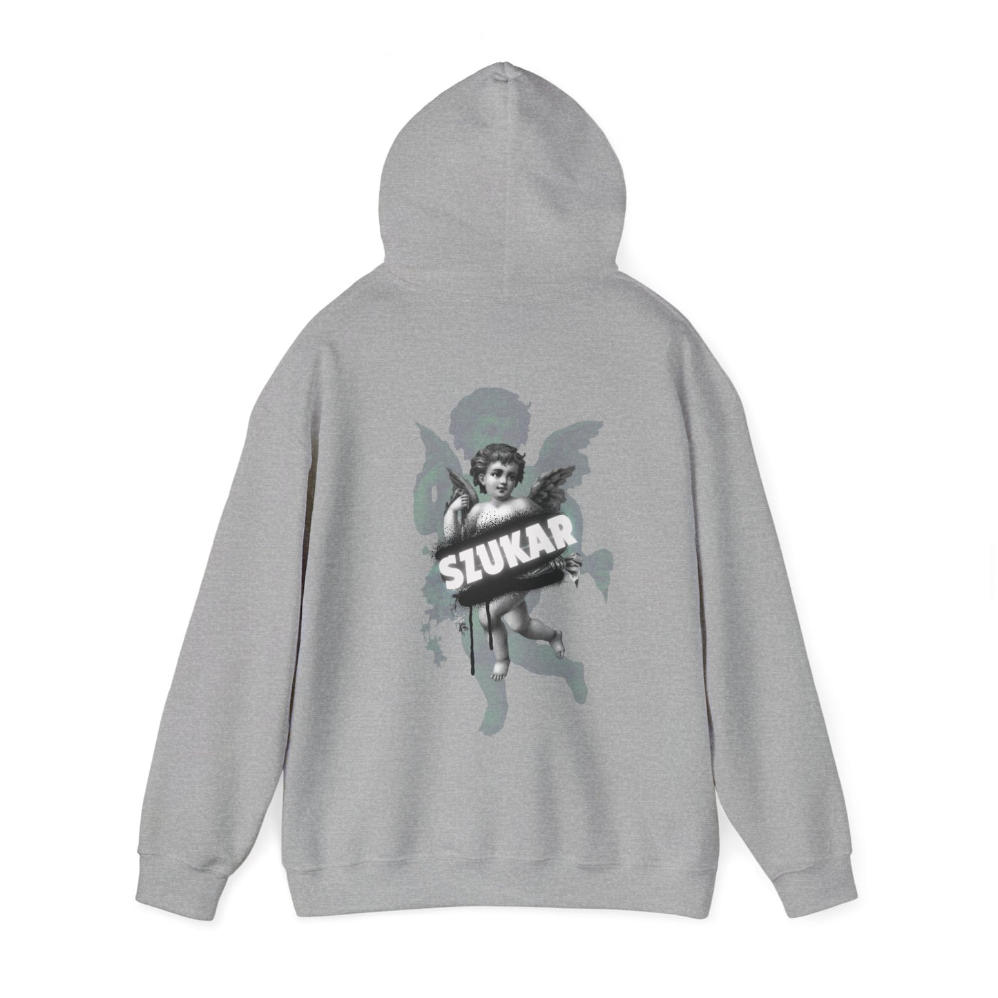 Classic-fit hoodie showcasing a peaceful angel with glowing aura and minimalist ‘SZUKAR’ text.