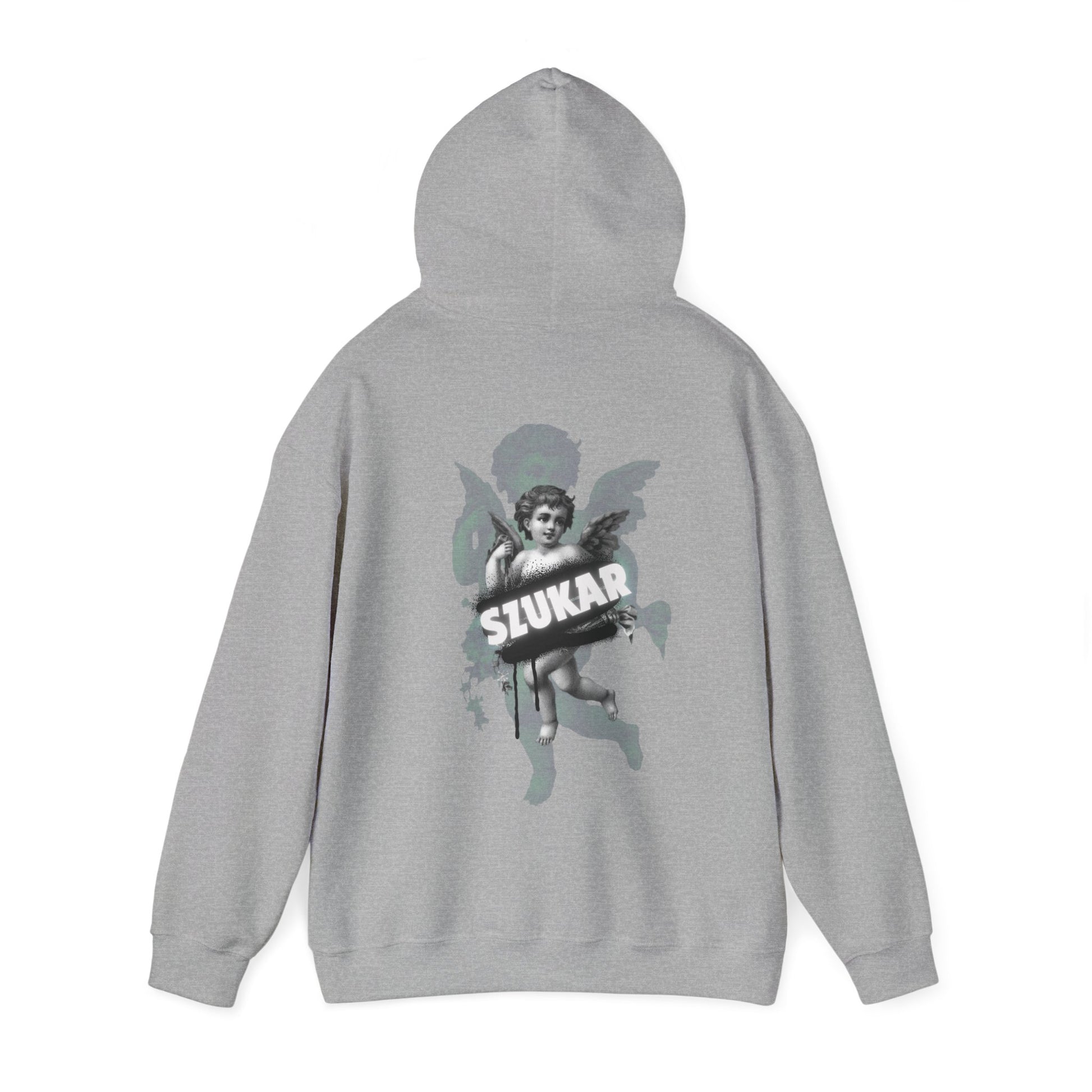 Classic-fit hoodie showcasing a peaceful angel with glowing aura and minimalist ‘SZUKAR’ text.