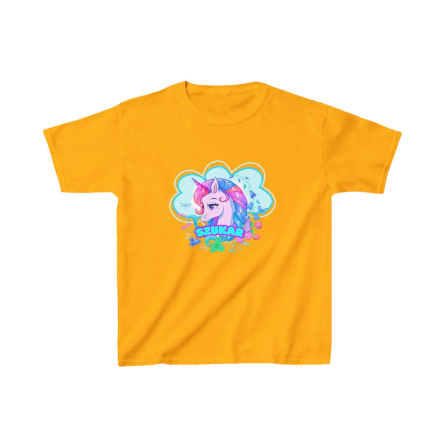 Whimsical kids' tee with a unicorn peeking out from a pocket-style print.