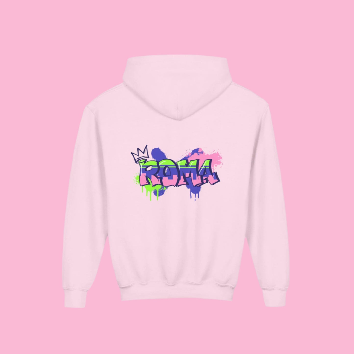 Cozy kids’ hoodie featuring fun and simple ROMA text on the front.