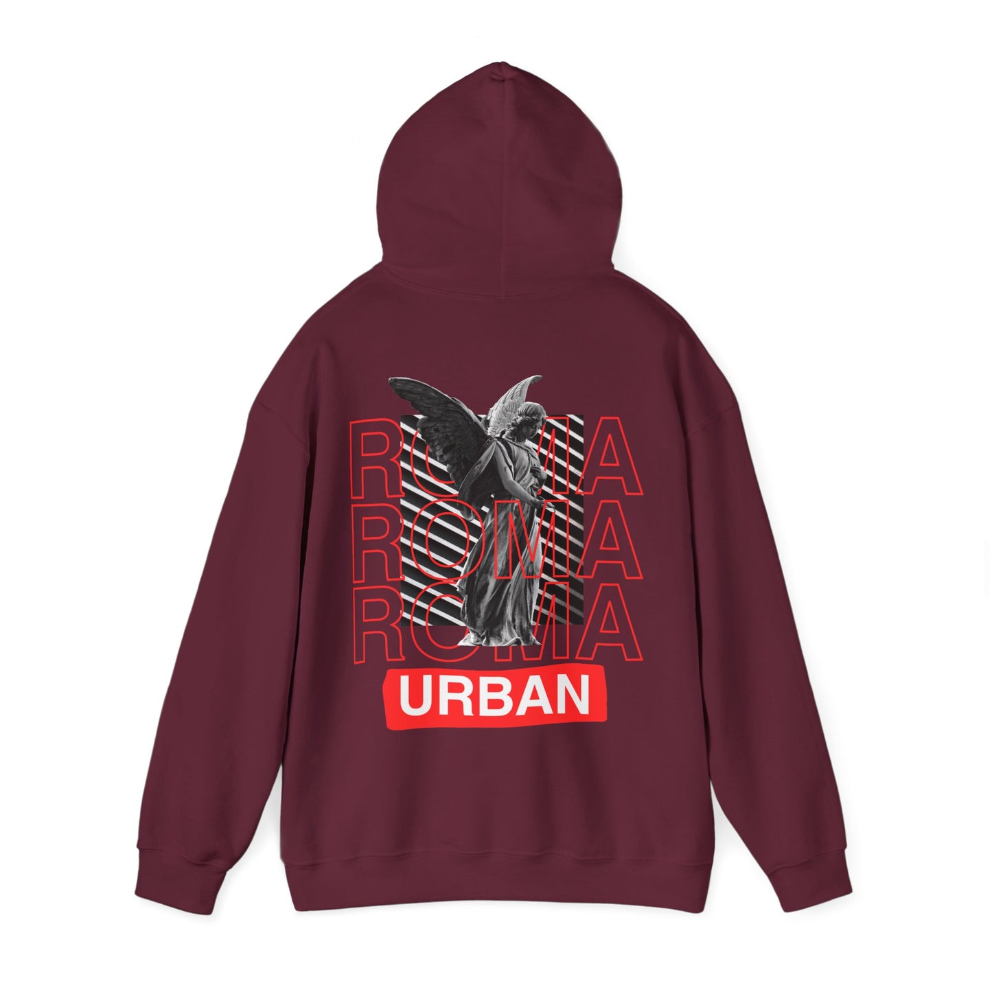 Distinct hoodie showing ROMA text layered with a statue detail and bold “URBAN” tagline.

