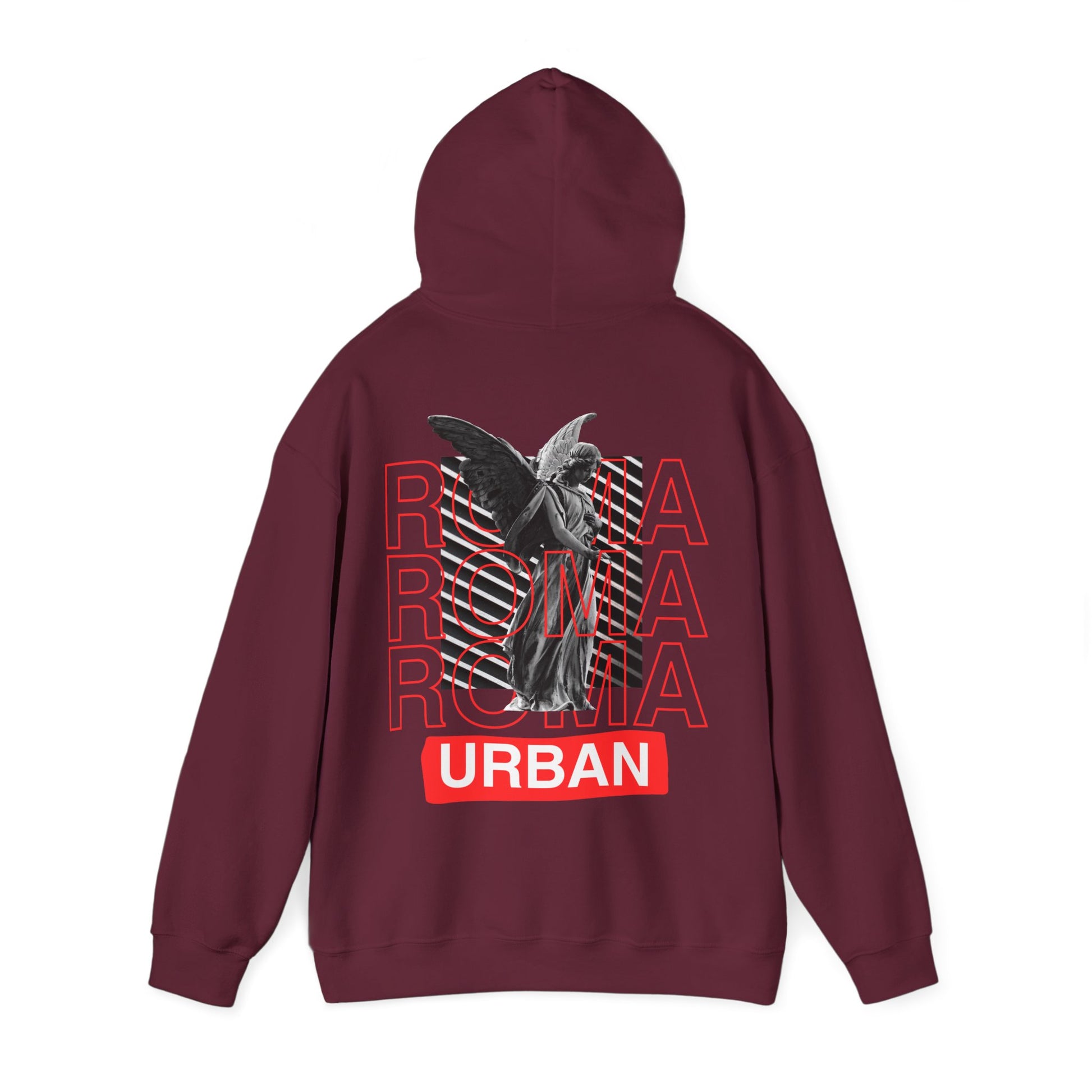 Distinct hoodie showing ROMA text layered with a statue detail and bold “URBAN” tagline.


