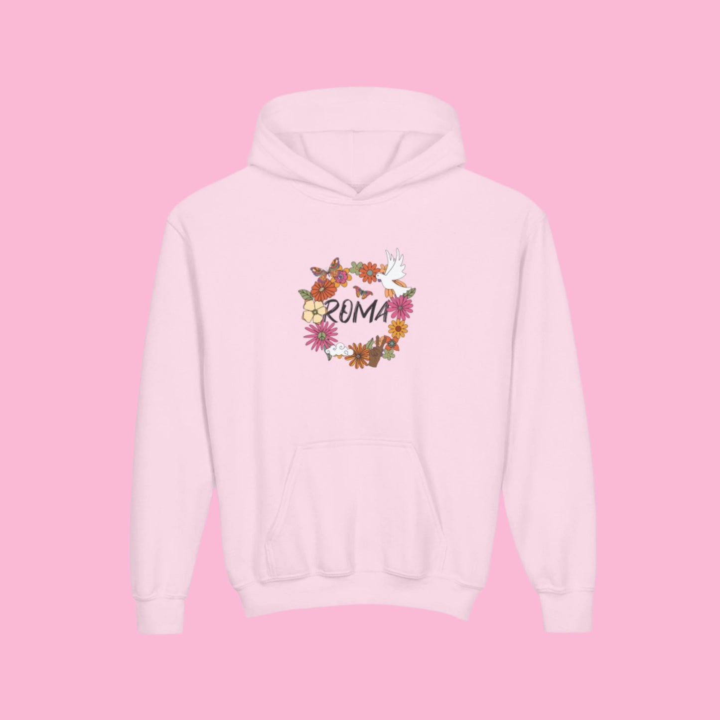 light pink hoodie for kids witjh ROMA print designs from Szukar Roma