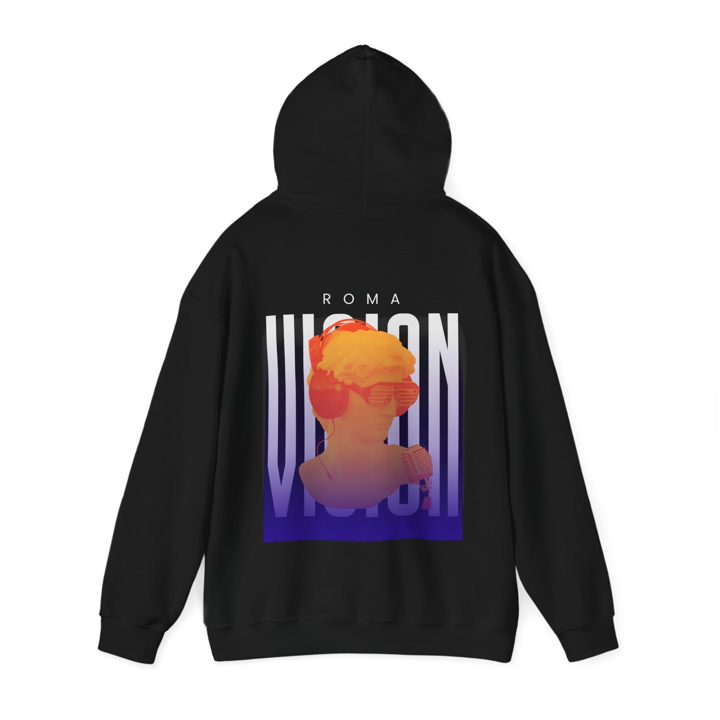 Hoodie with bold ‘ROMA’ text, a striking girl’s portrait, and a subtle ‘VISION’ text background.