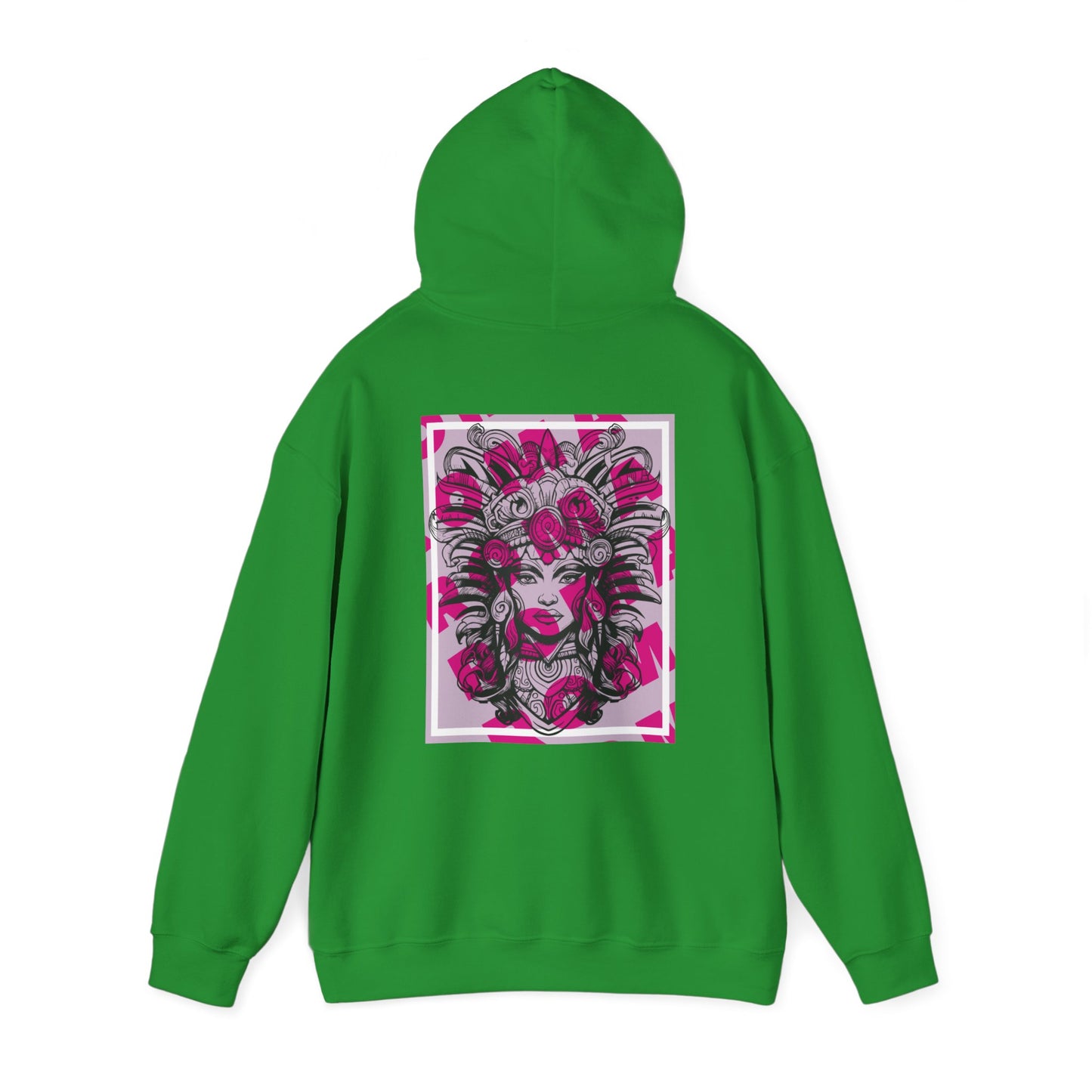 Detailed hoodie print showcasing a close-up portrait of a girl with natural textures and shadows.

