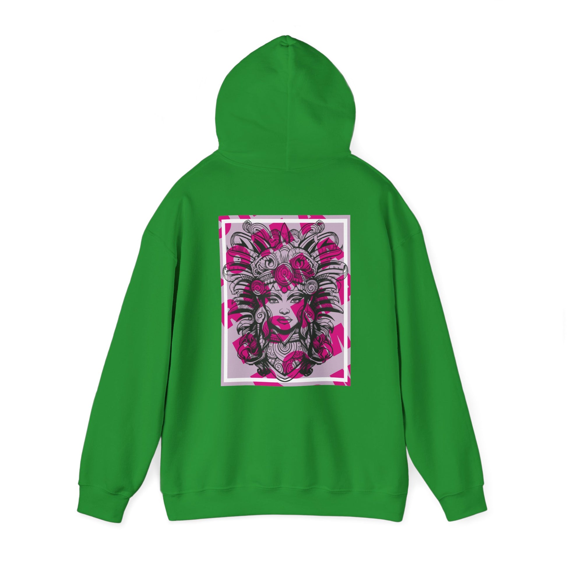 Detailed hoodie print showcasing a close-up portrait of a girl with natural textures and shadows.

