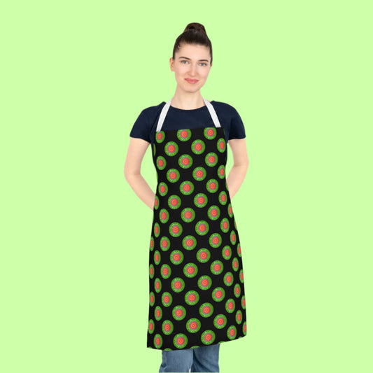 Adult wearing Szukar Roma apron with bold street-style print and white ties.