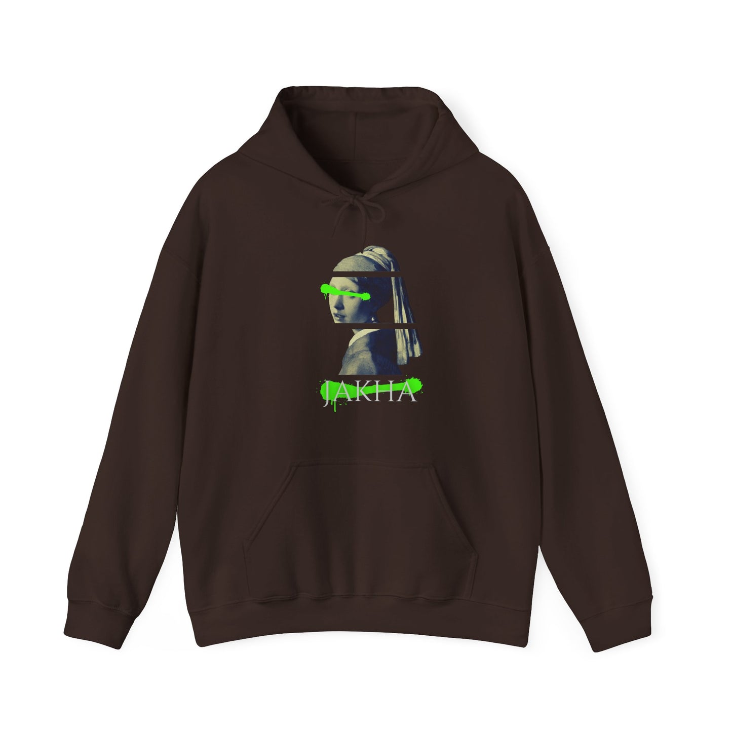 Brown hoodie with a graphic design on a white background