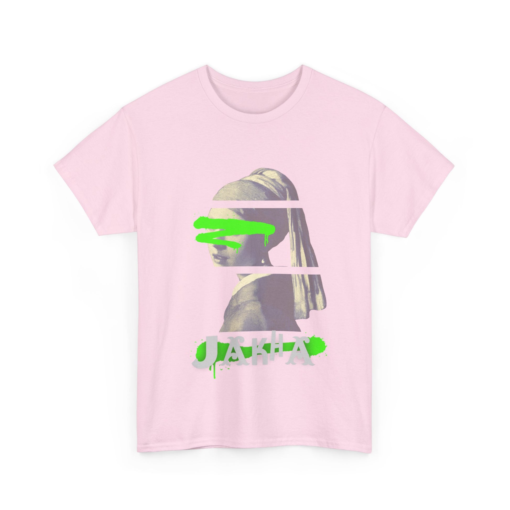 Light pink short sleeve tee with front angel artwork and white text