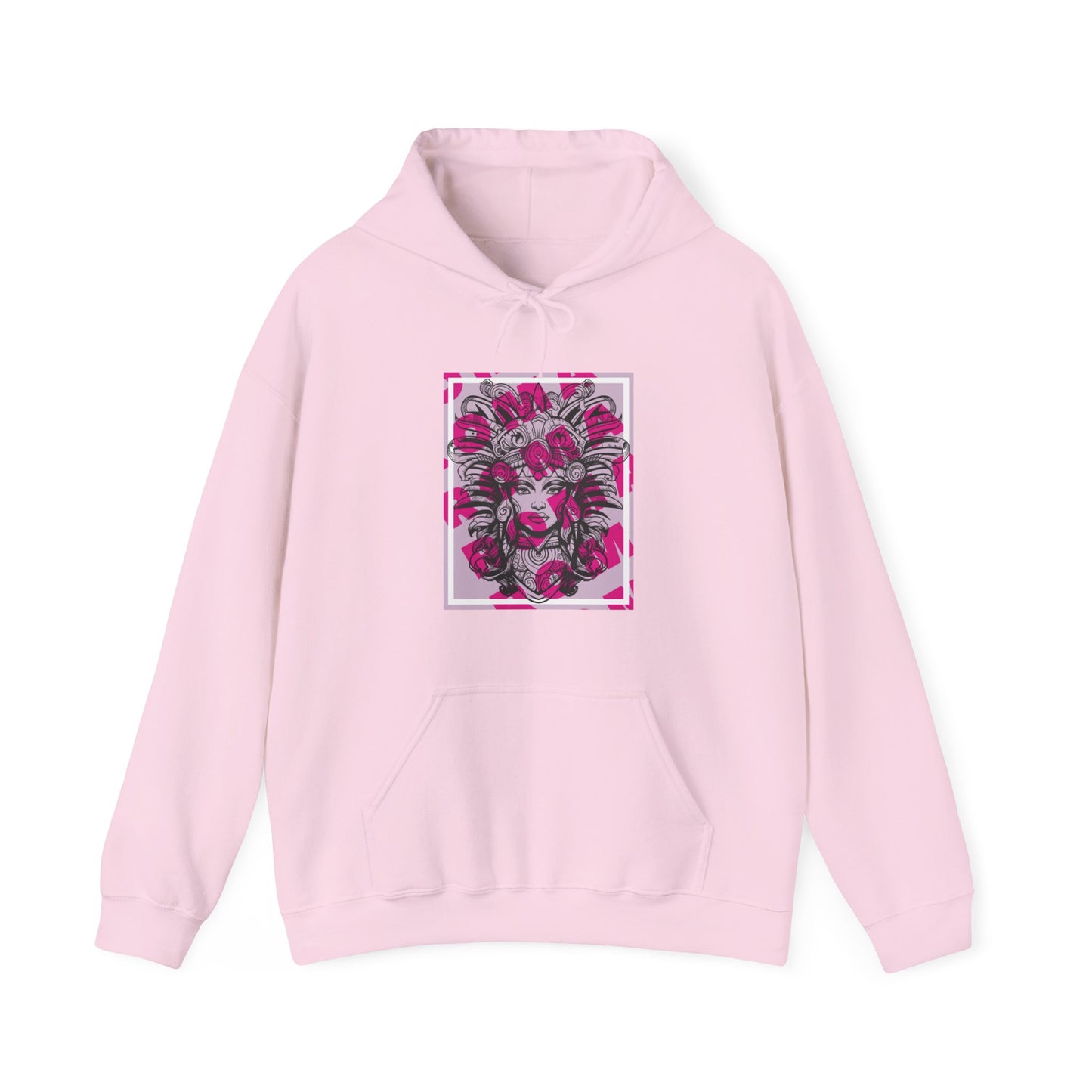 Fashion hoodie with a dreamy close-up illustration of a girl's face and subtle glow effects.

