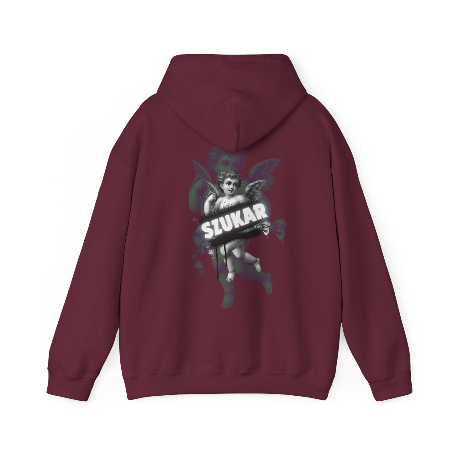 Minimalist hoodie with line-drawn angel motif and uppercase ‘SZUKAR’ stamped across the chest.