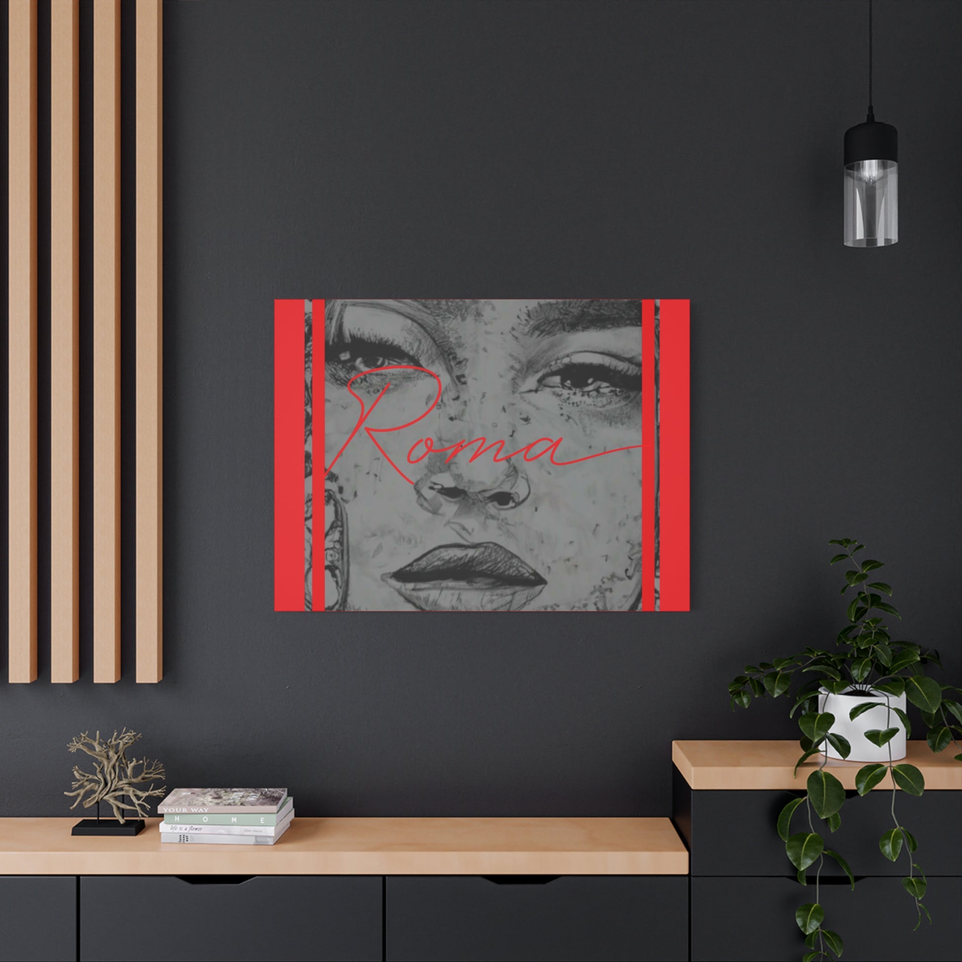 Canvas artwork showing a pensive girl’s face in detail, paired with a minimalist ROMA text design.