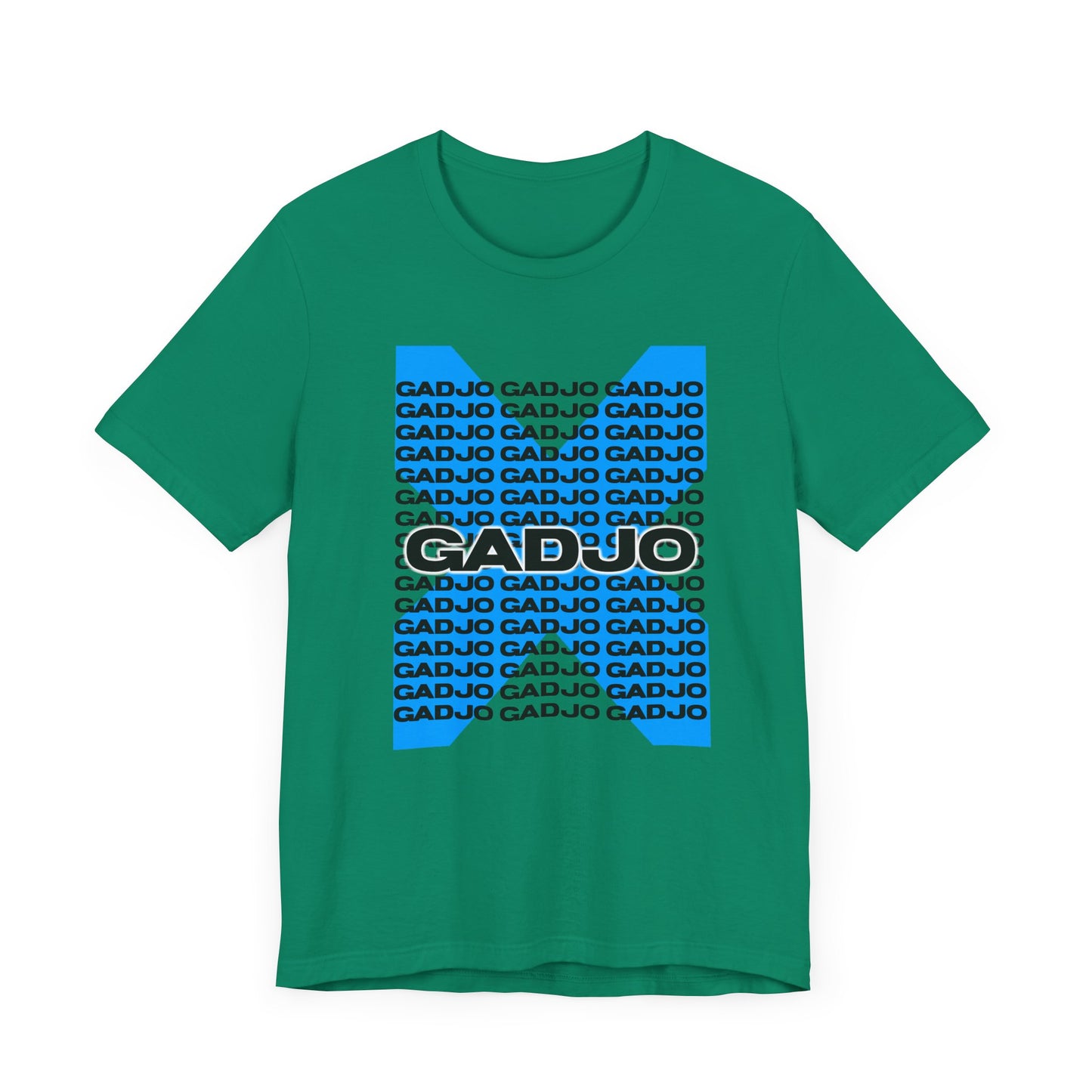 Short sleeve t-shirt with GADJO text curved across the chest in a dynamic arc.