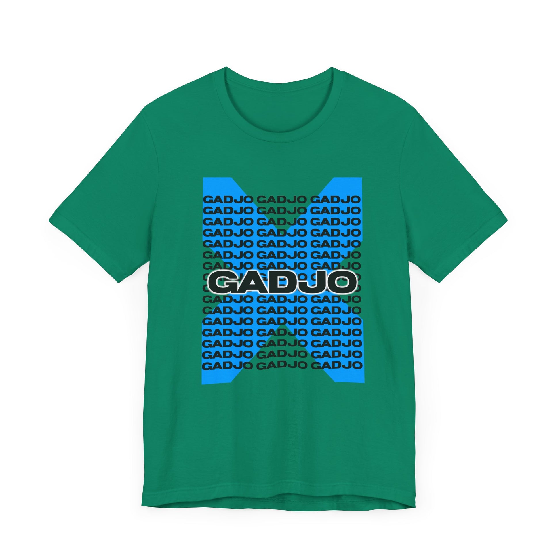 Short sleeve t-shirt with GADJO text curved across the chest in a dynamic arc.