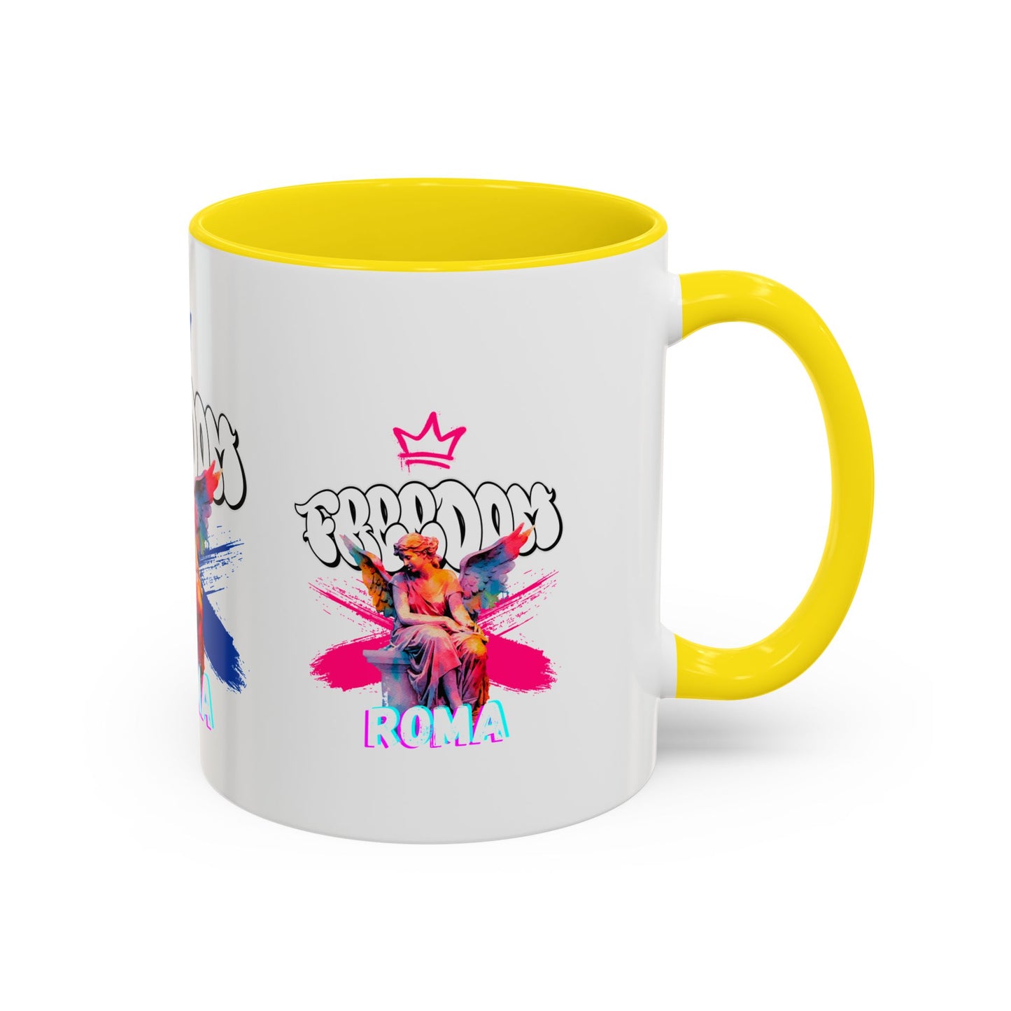 Soft yellow coffee mug with green heat-reactive rim and crowned angel print
