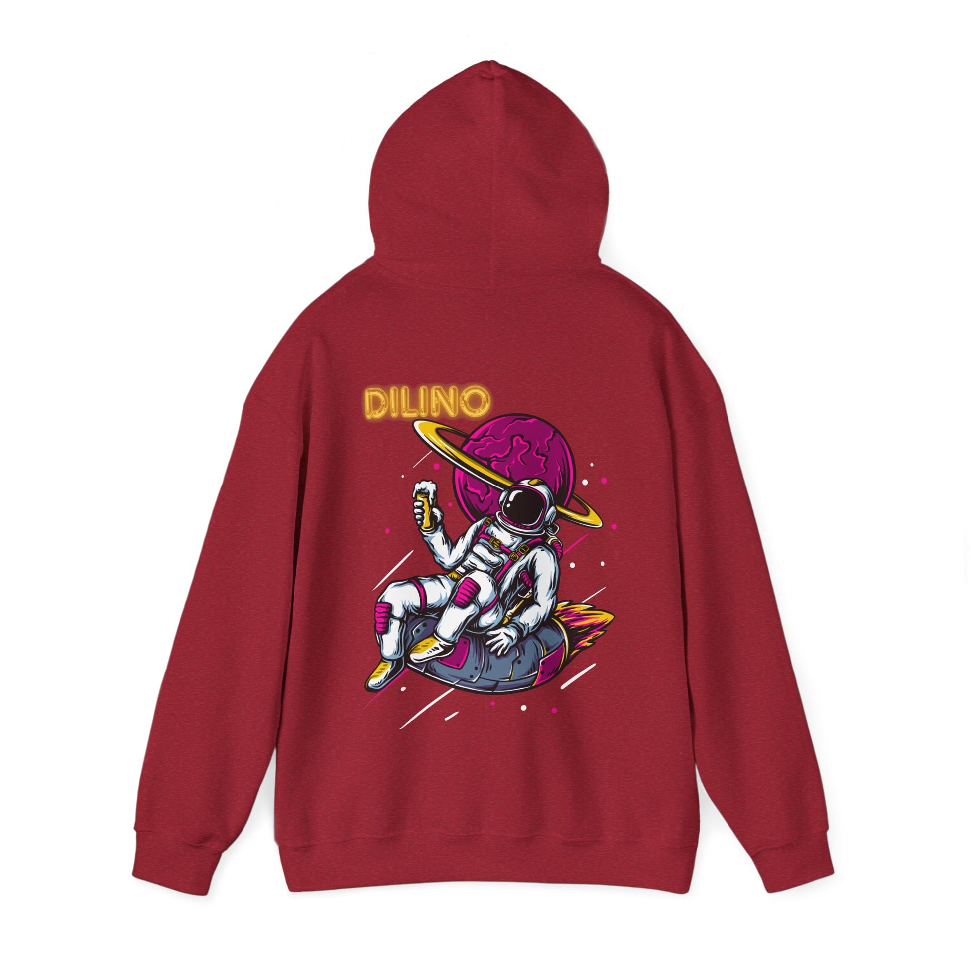 Hoodie with a celestial vibe—astronaut and moon design in soft tones, anchored by the word “DILINO”.

