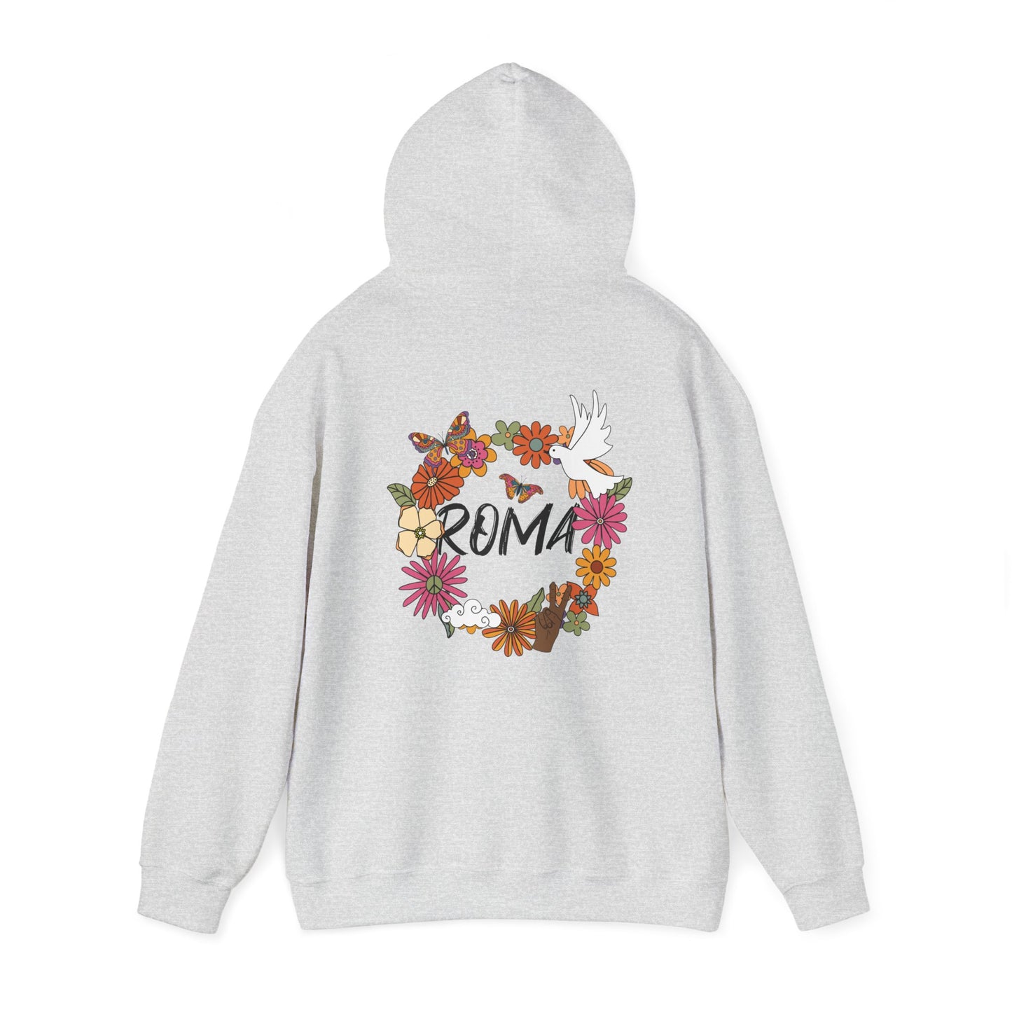 Minimalist hoodie with a clean line-drawn dove inside a pastel flower ring, paired with understated “ROMA” letters.