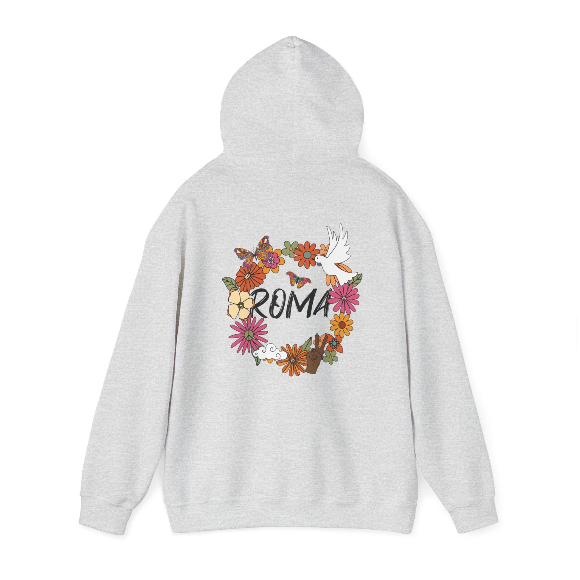 Minimalist hoodie with a clean line-drawn dove inside a pastel flower ring, paired with understated “ROMA” letters.