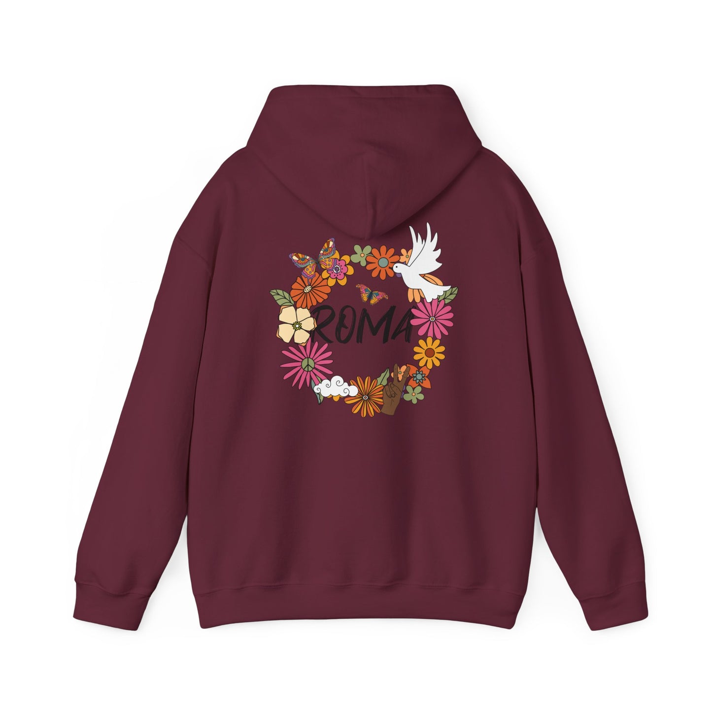 Cozy hoodie featuring a round floral garland framing a gentle dove and “ROMA” text inside the circle.
