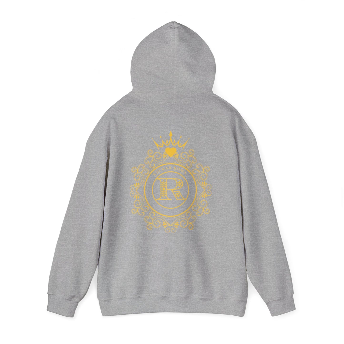 Statement hoodie design highlighting a royal circle motif with the SZUKAR ROMA identity and crowned R centerpiece.

