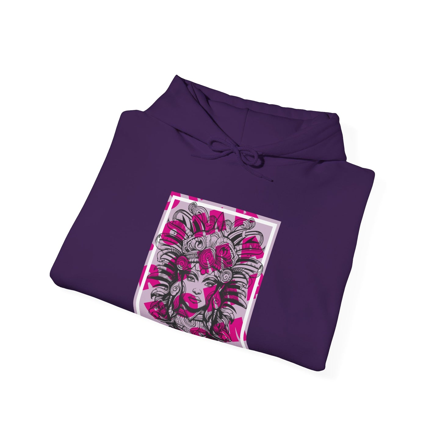 Warm hoodie printed with an emotive close-up portrait of a girl looking thoughtfully ahead.

