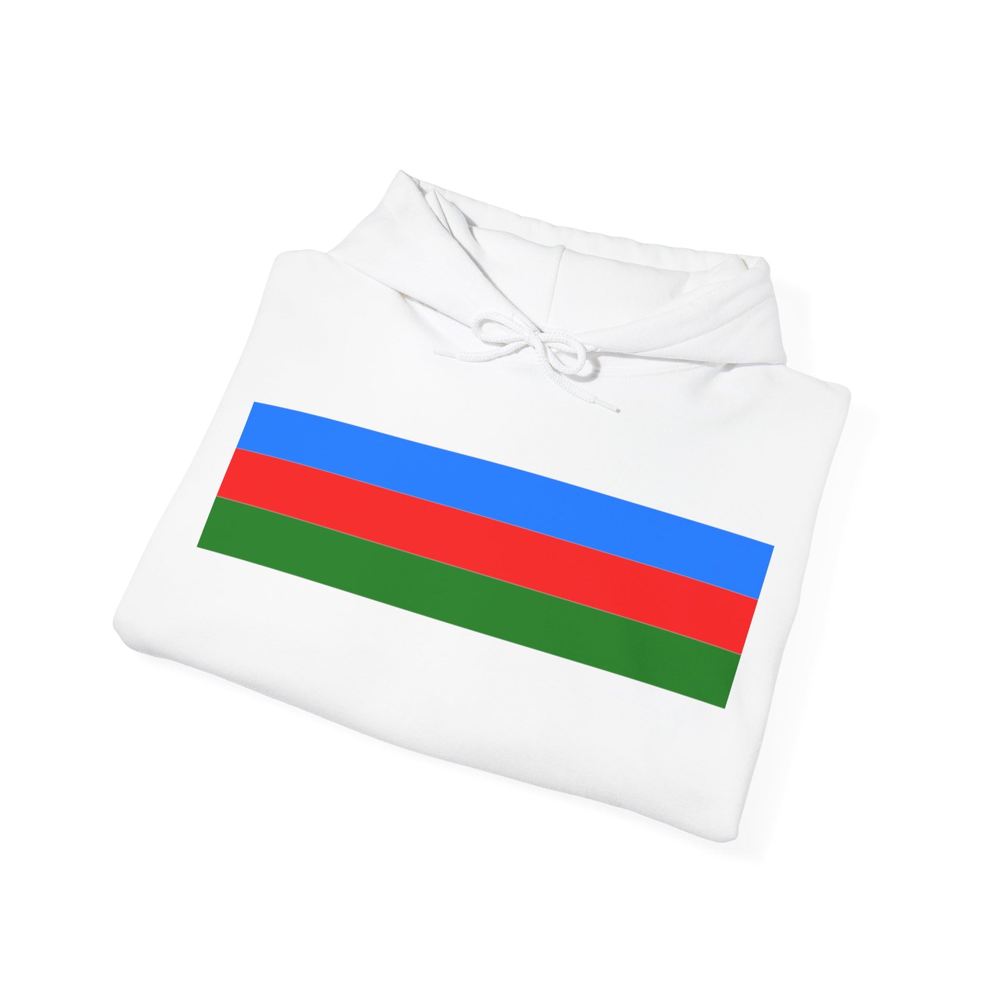 Lightweight hoodie showcasing the Roma flag colors in a dynamic abstract design.

