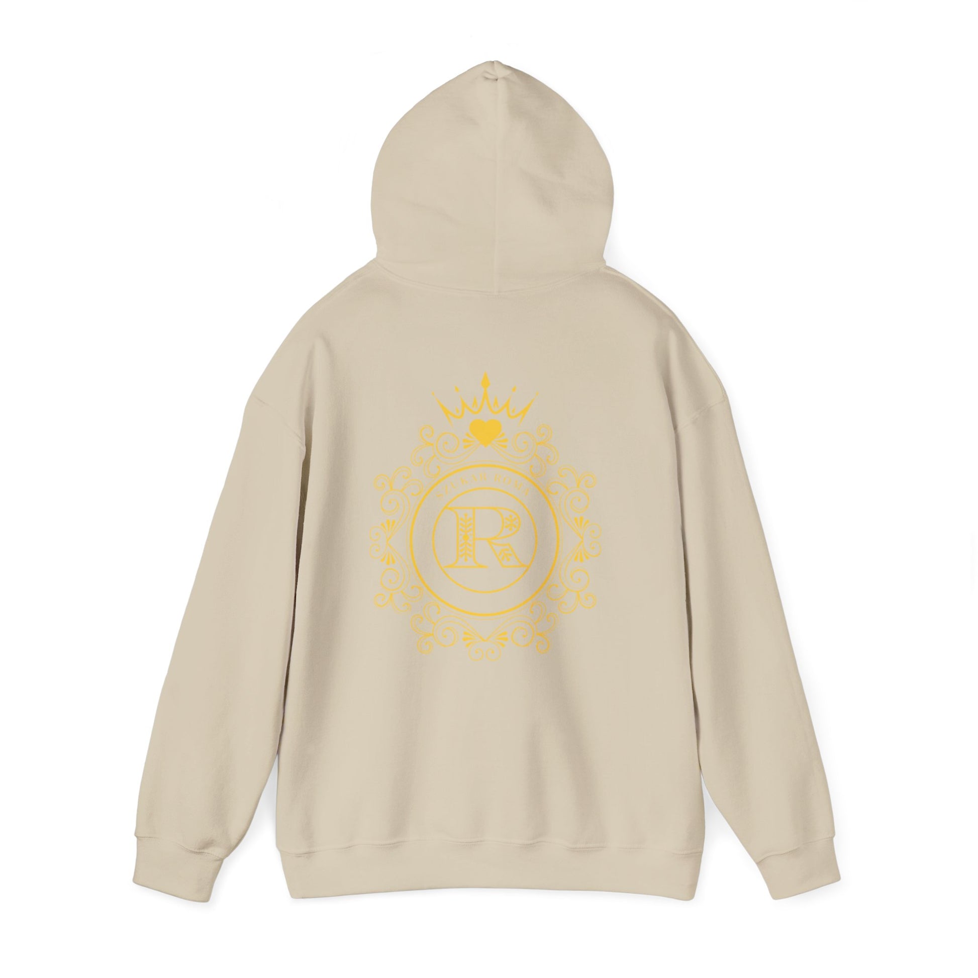Fashion-forward hoodie with a classic circle insignia: crowned R and SZUKAR ROMA details.

