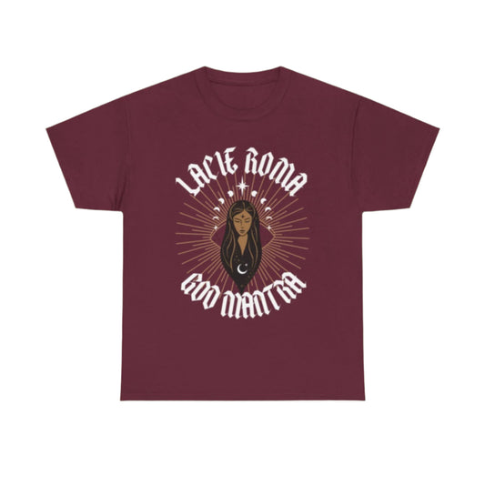 Short sleeve shirt with enchanting artwork of a girl standing within a symbolic sun-moon frame, styled with ancient Roma flair and script reading 'LACIE ROMA' and 'GOO Mantra'.