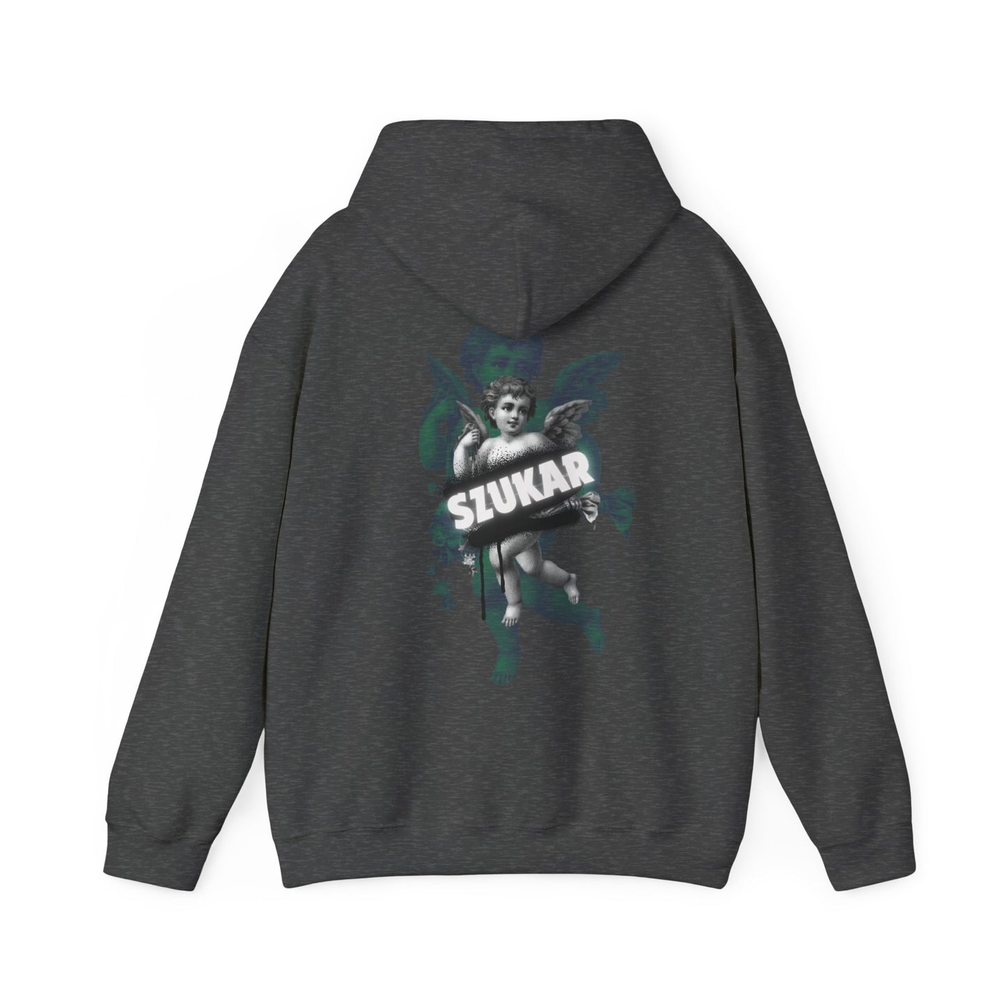 Premium hoodie showcasing spiritual angel art with clean ‘SZUKAR’ inscription.