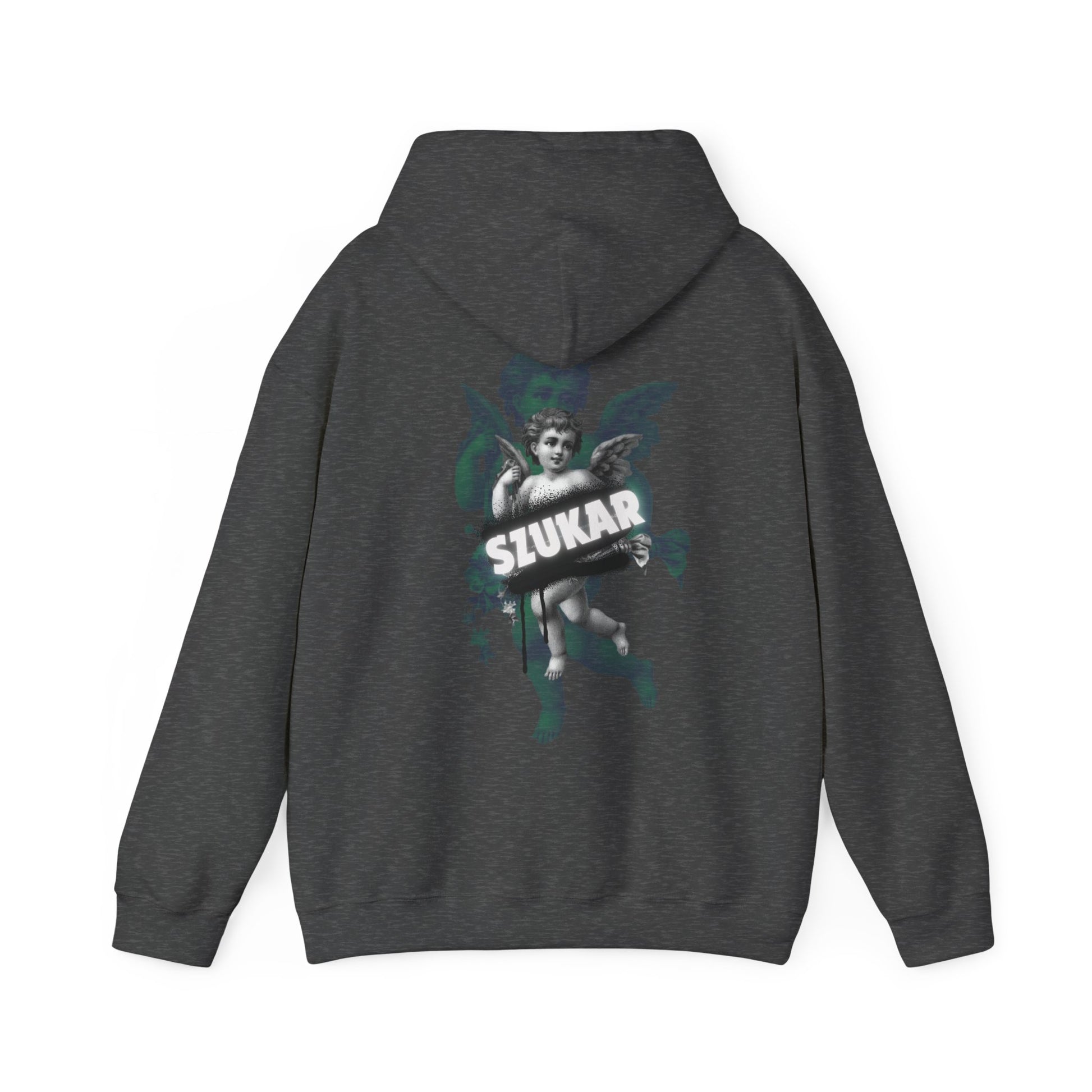 Premium hoodie showcasing spiritual angel art with clean ‘SZUKAR’ inscription.