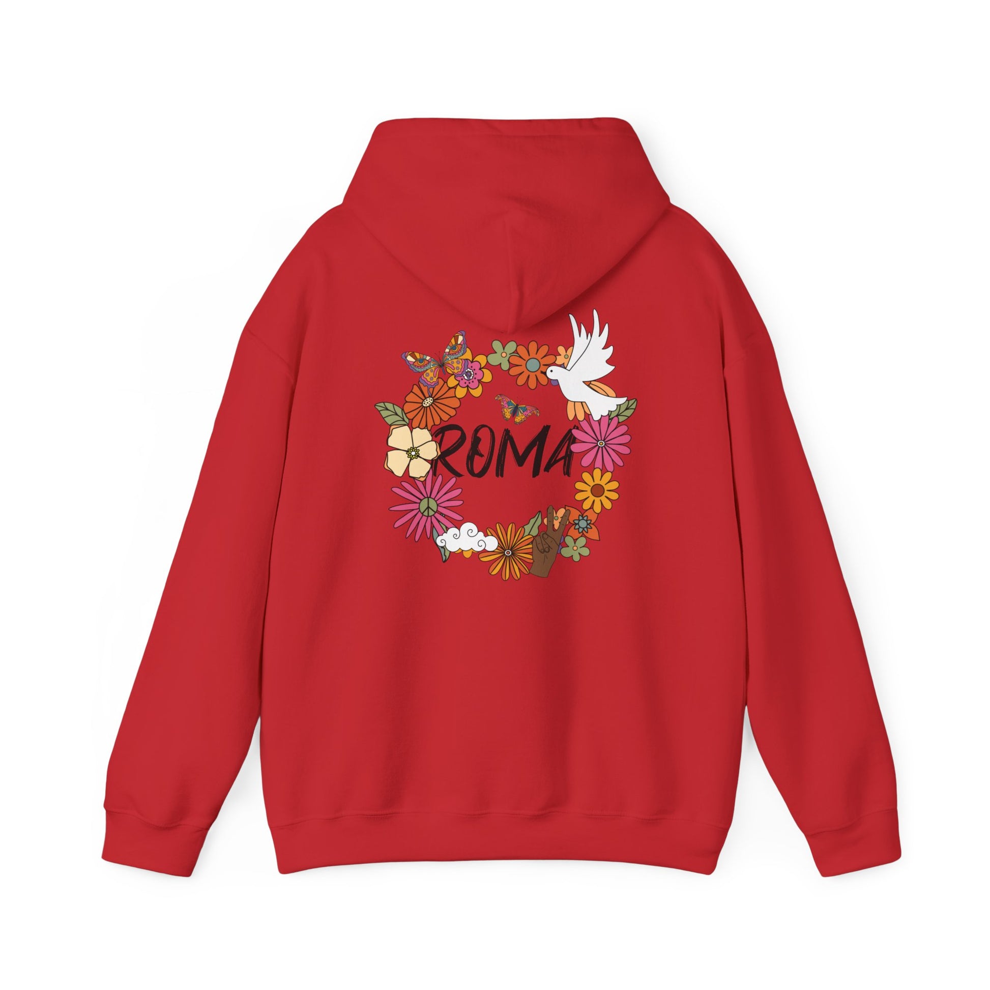 Comfortable hoodie with a dominant ‘R’ symbol and neat ‘SZUKAR ROMA’ text positioned just below.