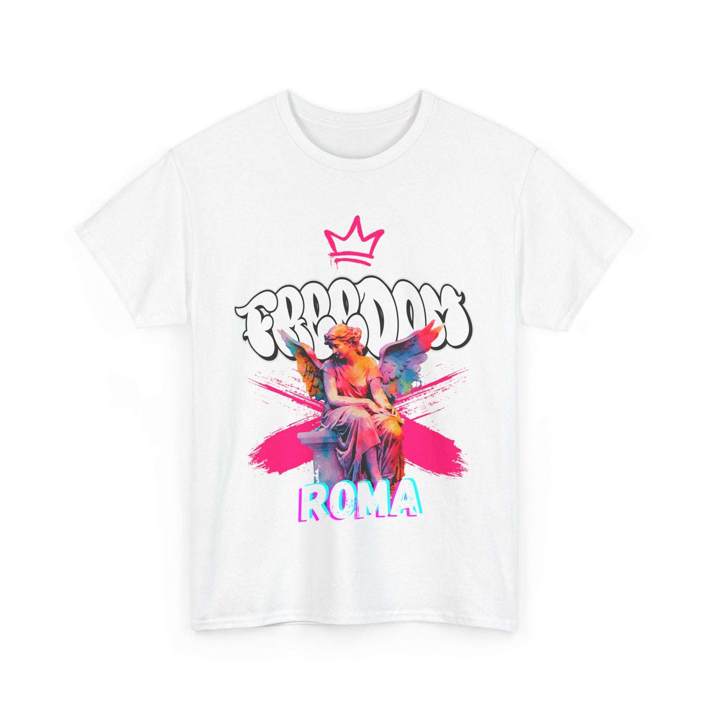 White T-shirt with pink angel art and ROMA lettering