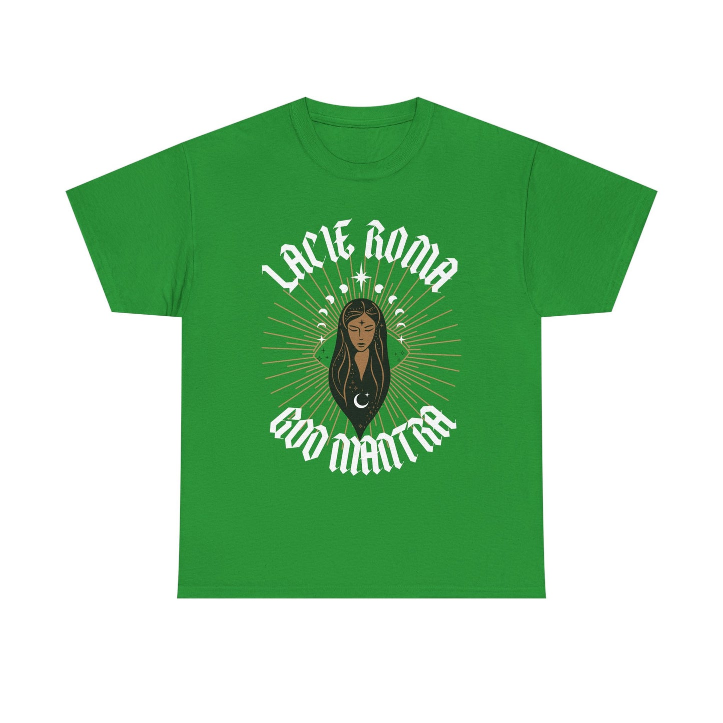 Graphic tee with mystical energy—a girl at the heart of a radiant circle, layered with stars, moons, and tribal accents, emphasized by 'GOO Mantra' text.