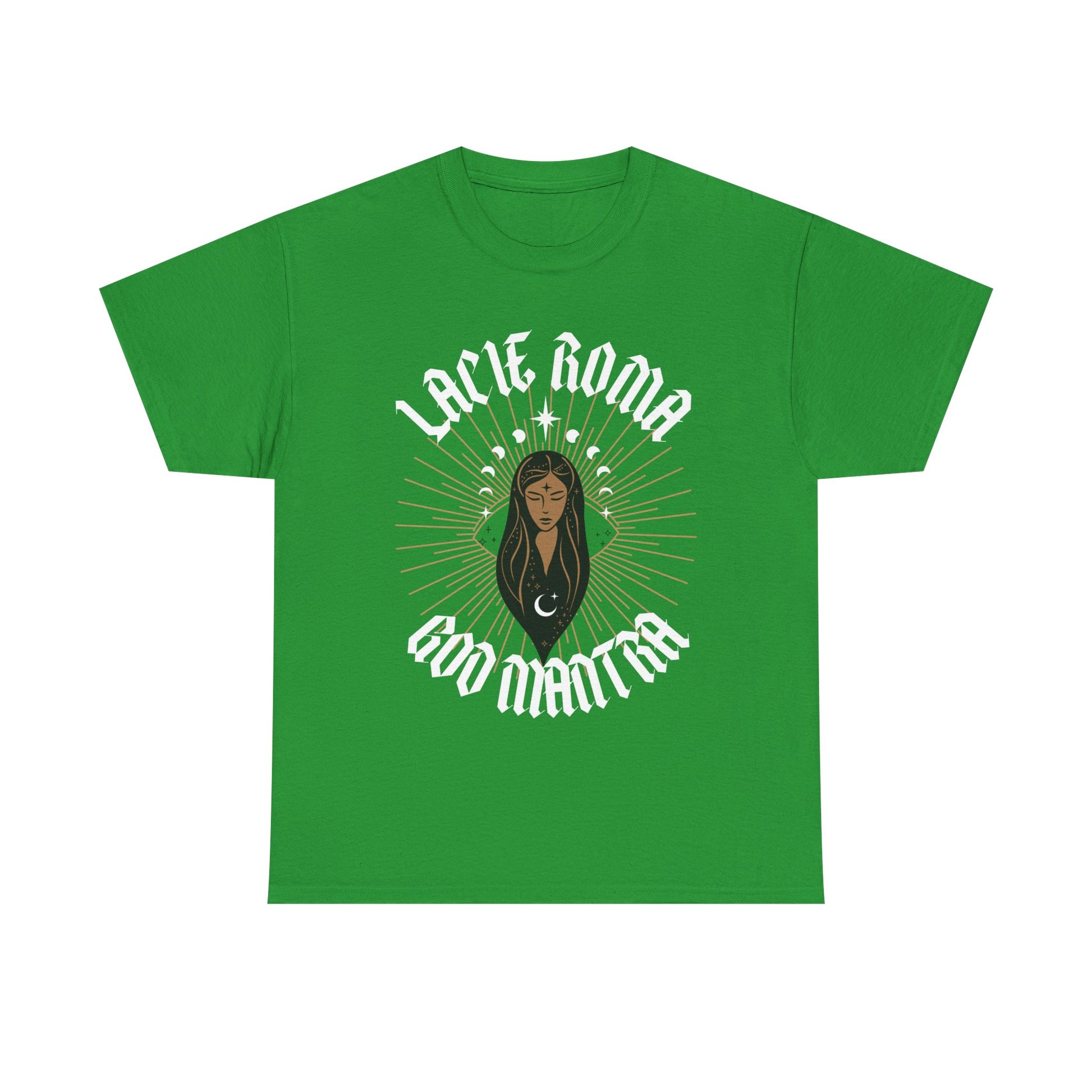 Graphic tee with mystical energy—a girl at the heart of a radiant circle, layered with stars, moons, and tribal accents, emphasized by 'GOO Mantra' text.