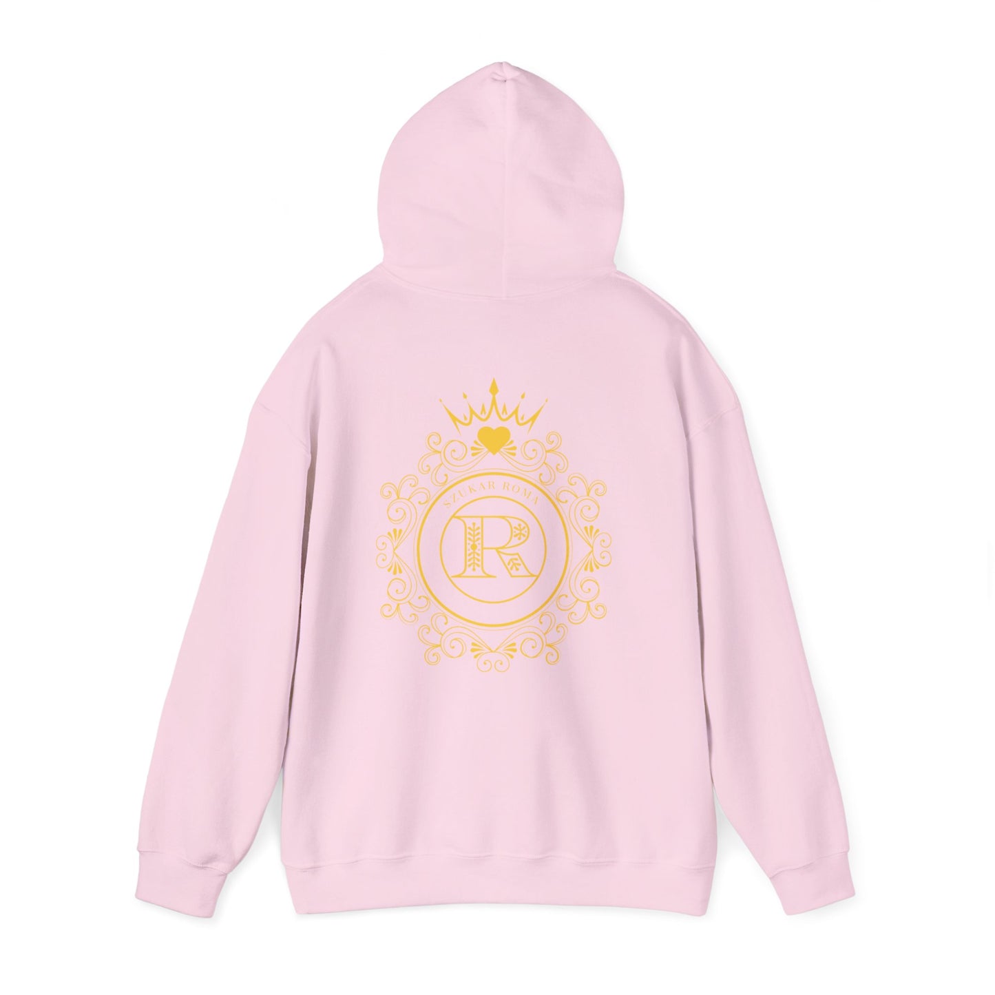 Hoodie design centered with a symbolic circular crest, featuring SZUKAR ROMA and royal R icon.

