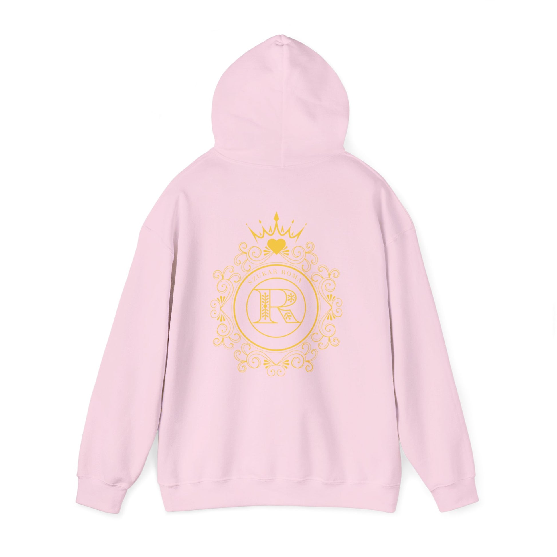 Hoodie design centered with a symbolic circular crest, featuring SZUKAR ROMA and royal R icon.

