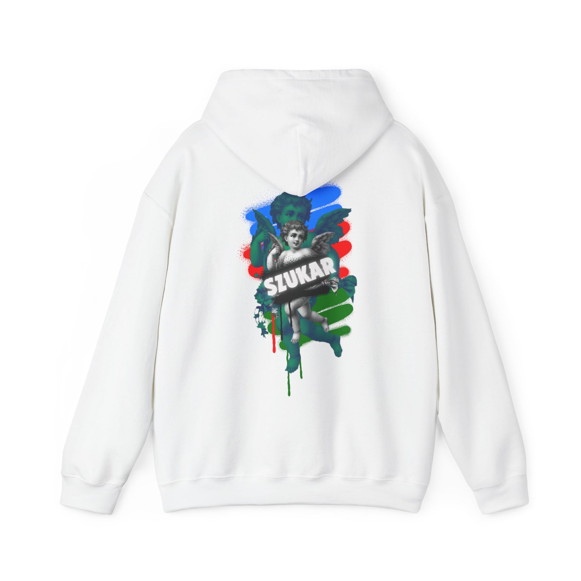 Trendy WHITE hoodie featuring angel design and SZUKAR statement lettering