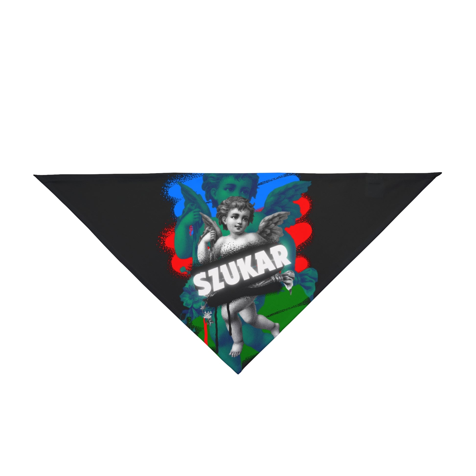 Stylish pet bandana featuring SZUKAR text and vibrant angel design in blue, red, green, and white