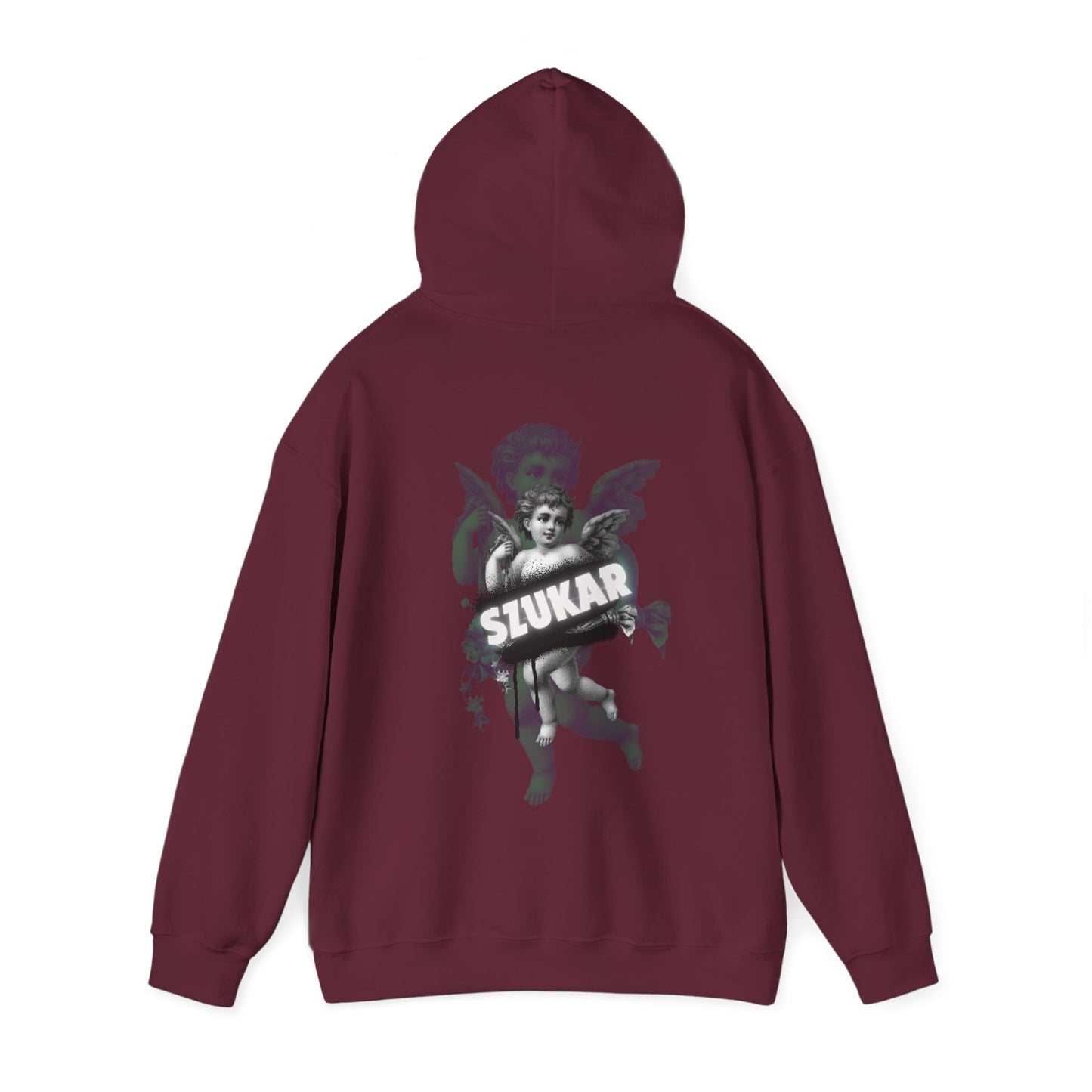 Oversized hoodie featuring a glowing angel illustration and subtle ‘SZUKAR’ branding near the hem.