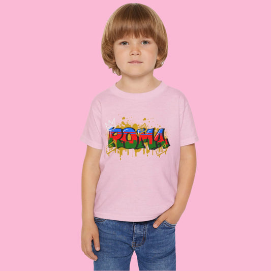 unisex pastel pink tee with soft angel motif and centered ROMA print