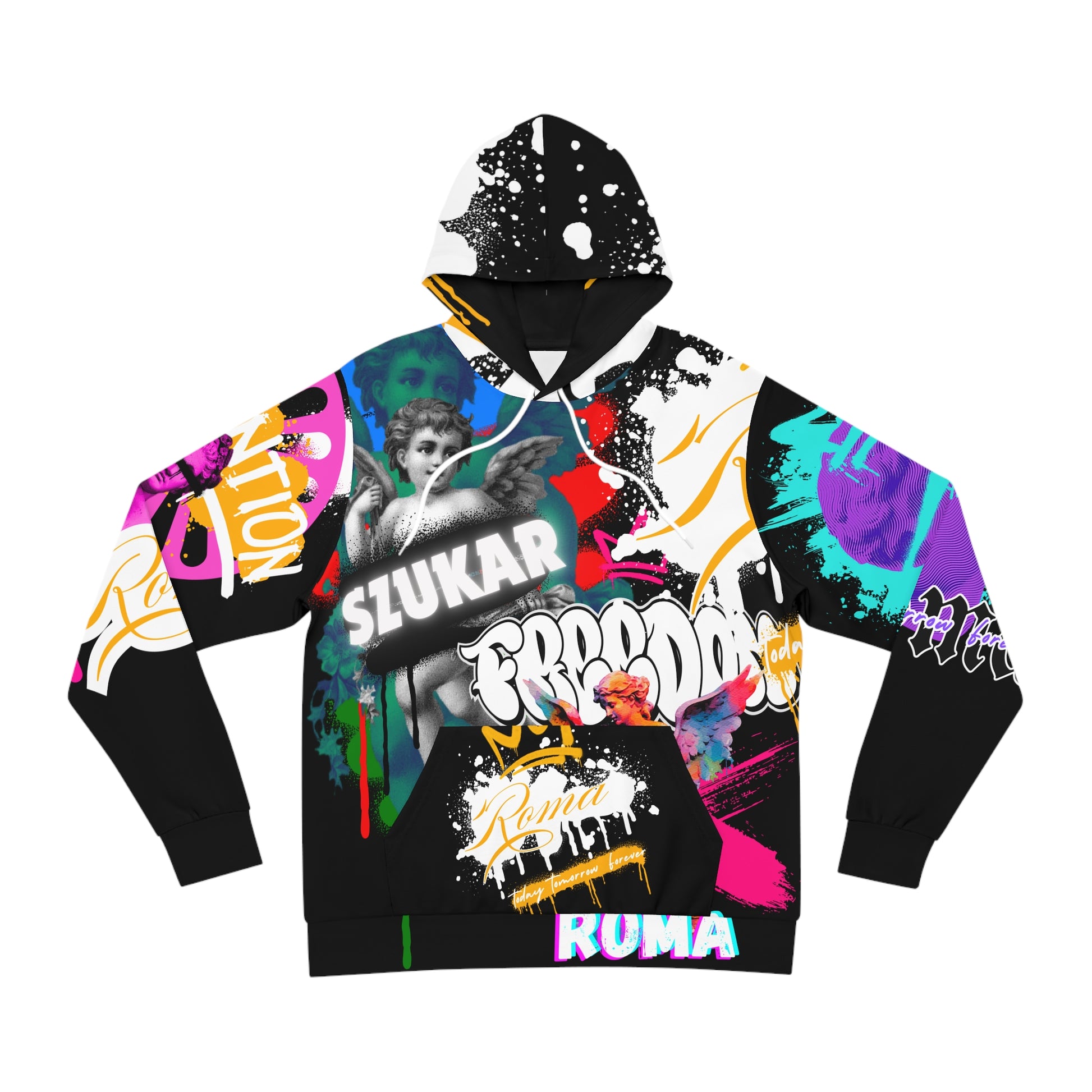 Statement hoodie featuring layered Roma motifs, crowned statues, and oversized ZORALE text in a dynamic all-over layout.
