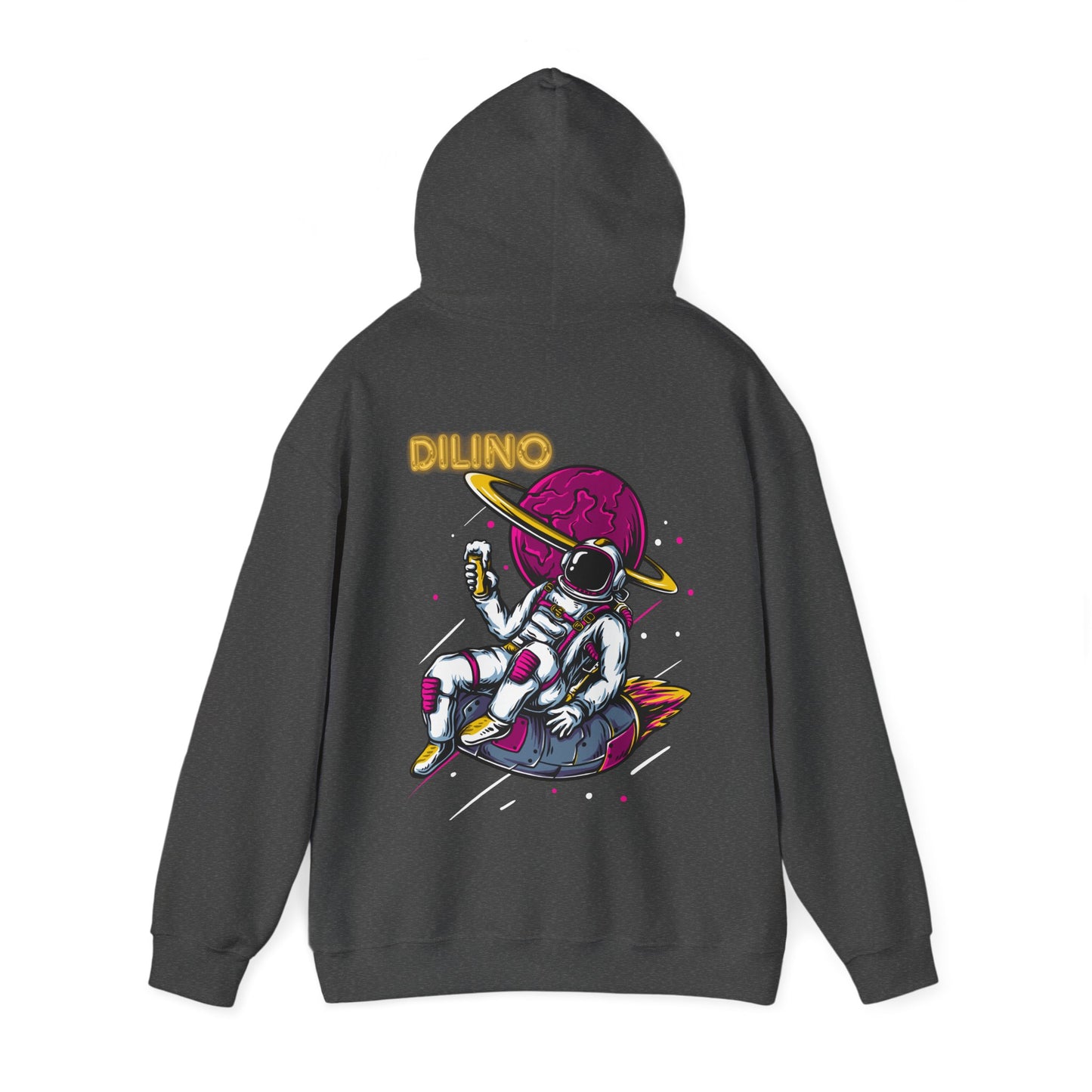 Trendy hoodie with a close-up moon, lone astronaut reaching upward, and minimalist “DILINO” beneath.

