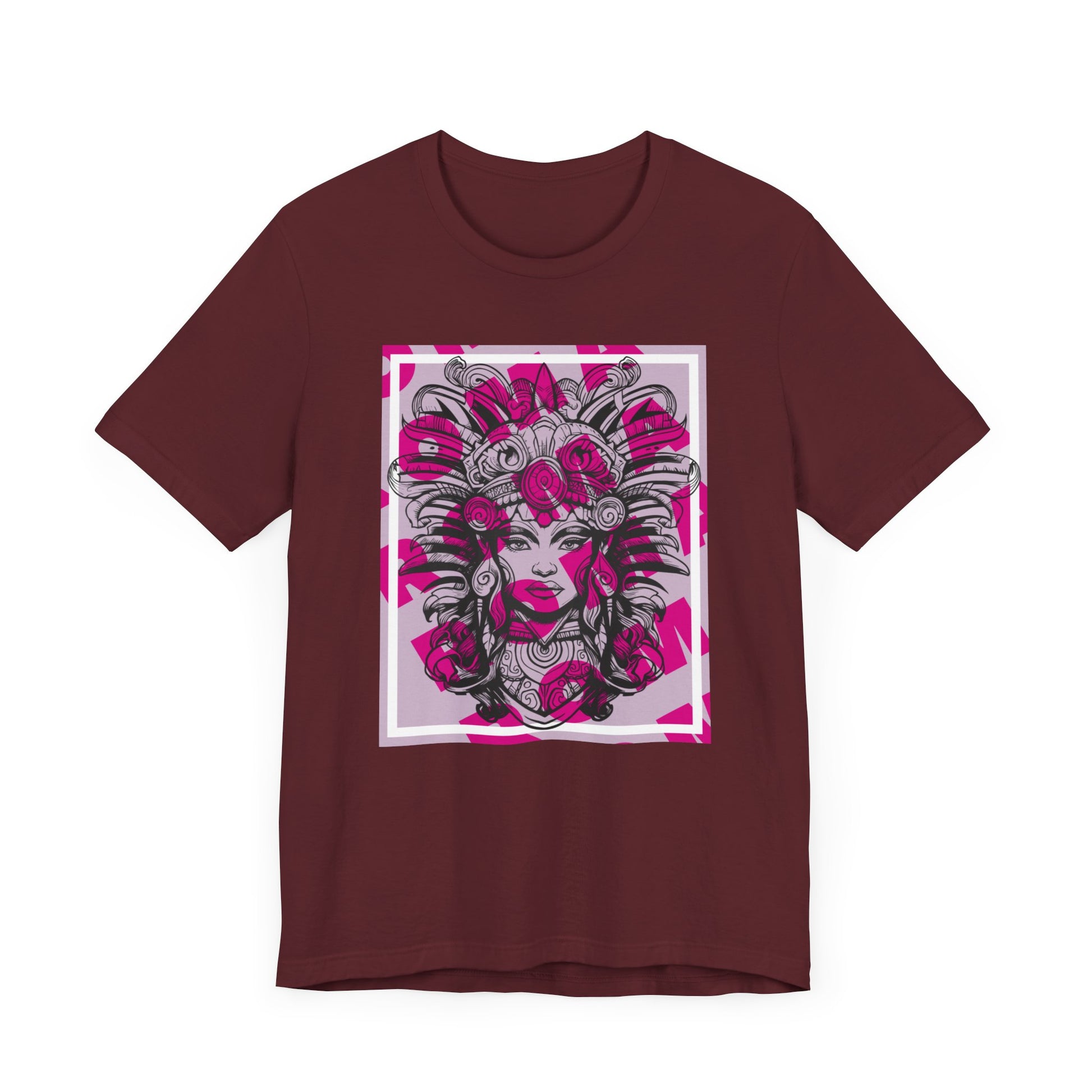 Bold short sleeve tee highlighting a girl’s mysterious gaze, adorned with traditional accessories and intricate tribal patterns on her face.