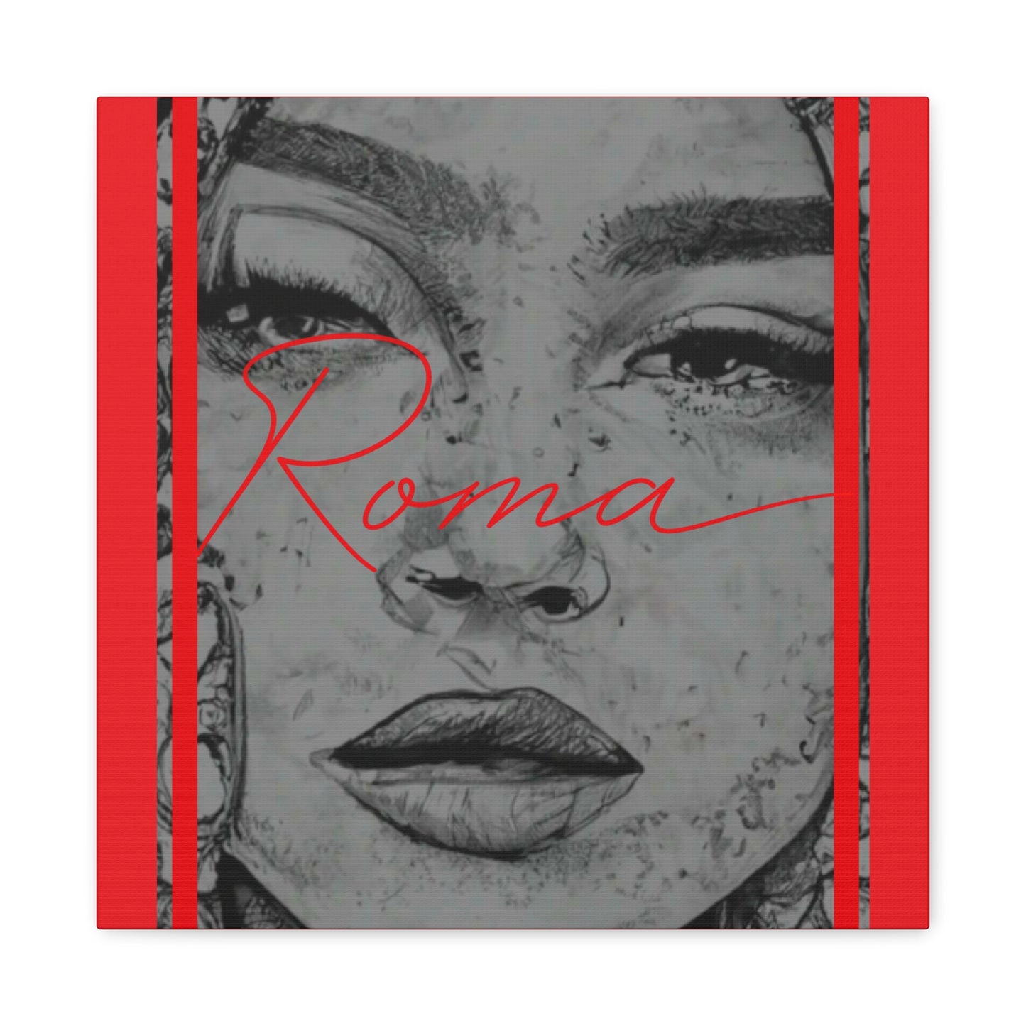 Artistic depiction on canvas of a girl shedding tears, with bold ROMA text running alongside her face.