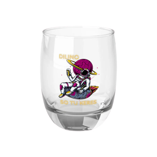 Whiskey glass featuring modern block-style ROMA lettering centered on the glass.