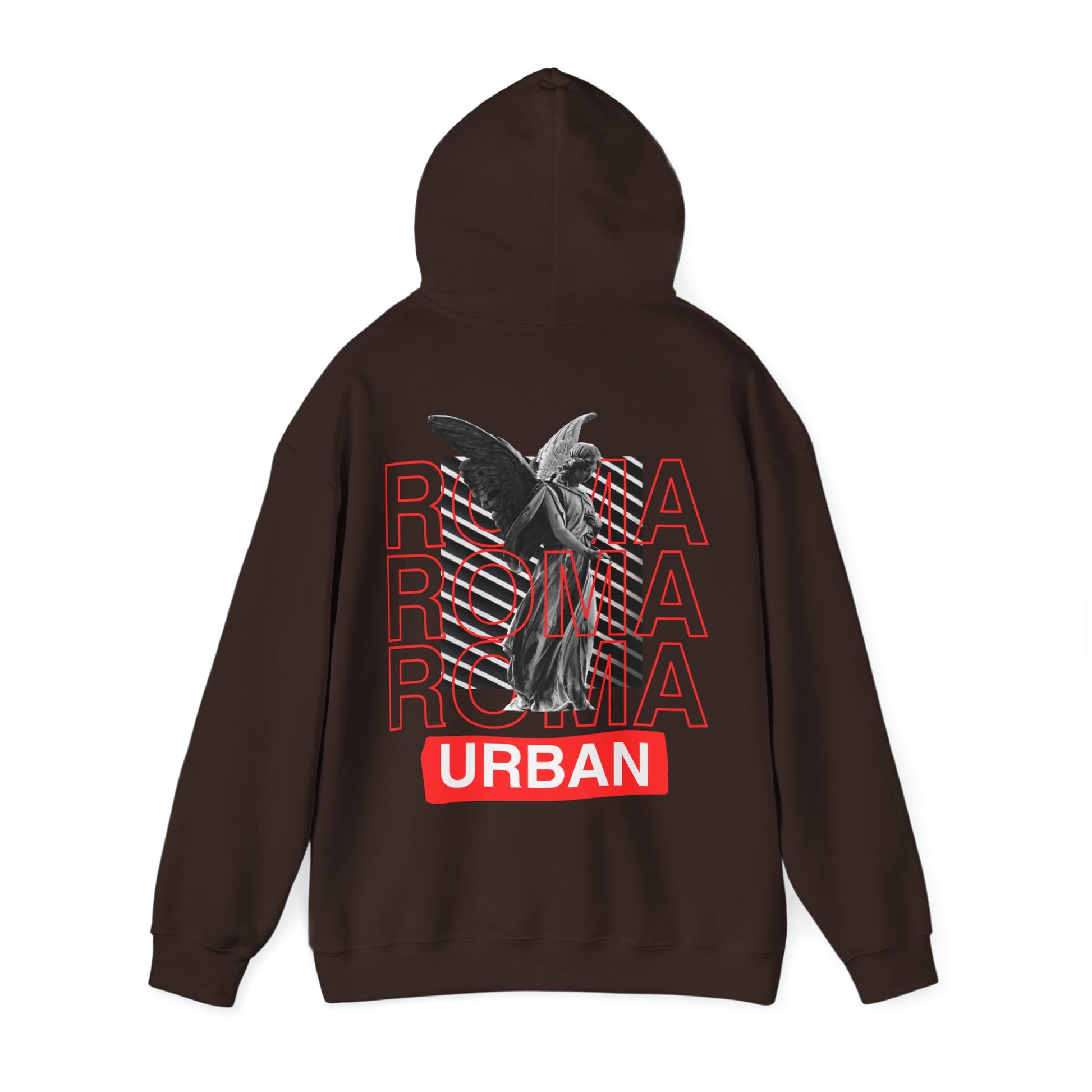Grunge-style hoodie featuring faded statue over ROMA print and small “URBAN” lettering.

