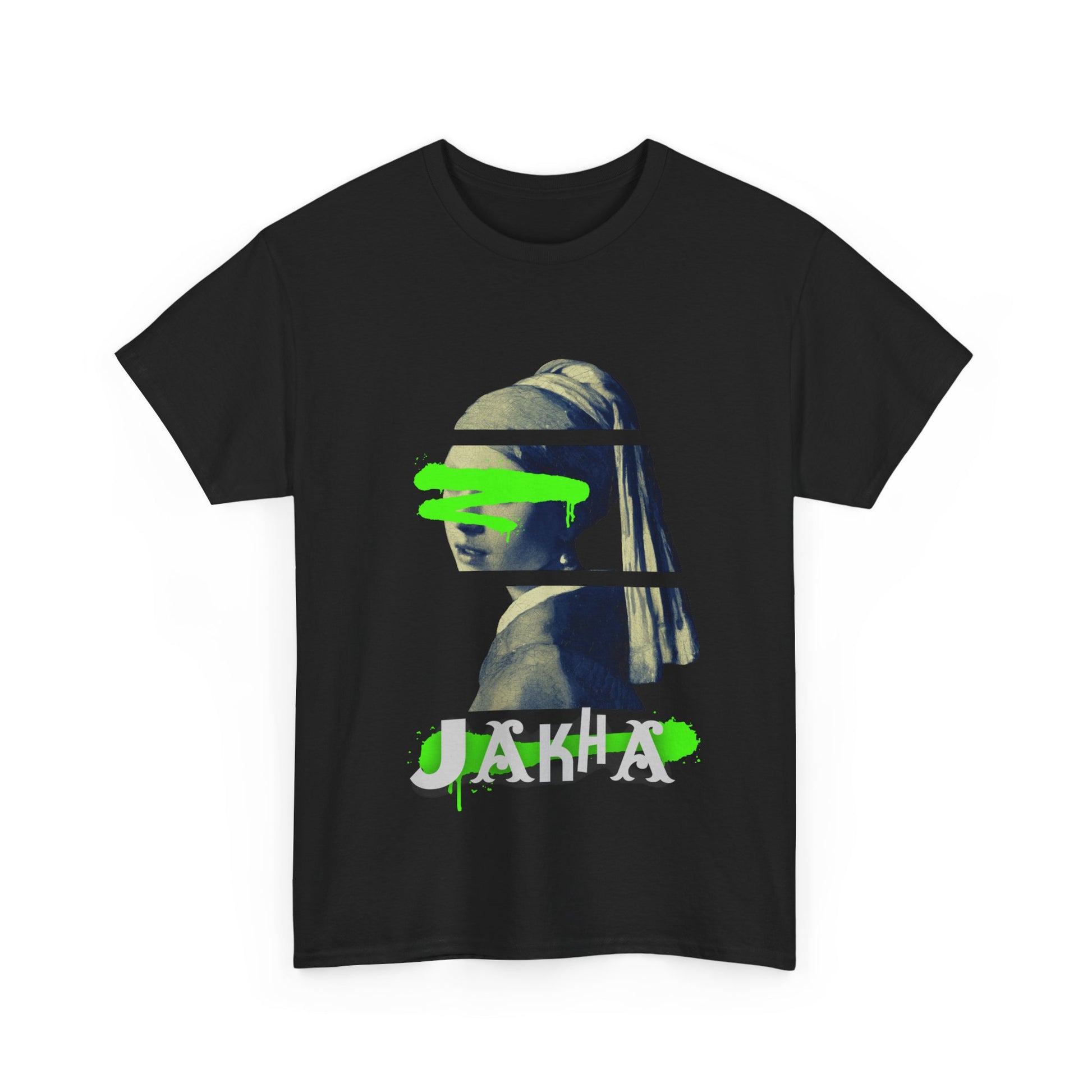 black short sleeve tee with front angel artwork and white text