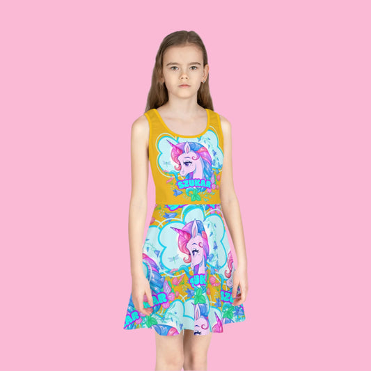 Adorable girl in a horned unicorn dress, full of color and fantasy charm.