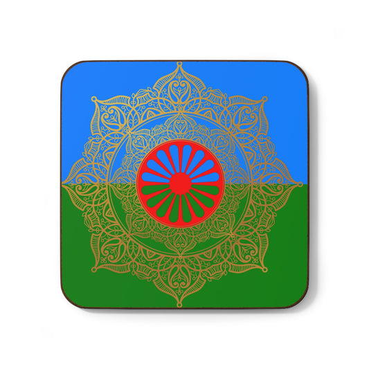 High-gloss coaster printed with abstract Roma design in swirling red and green brush strokes.